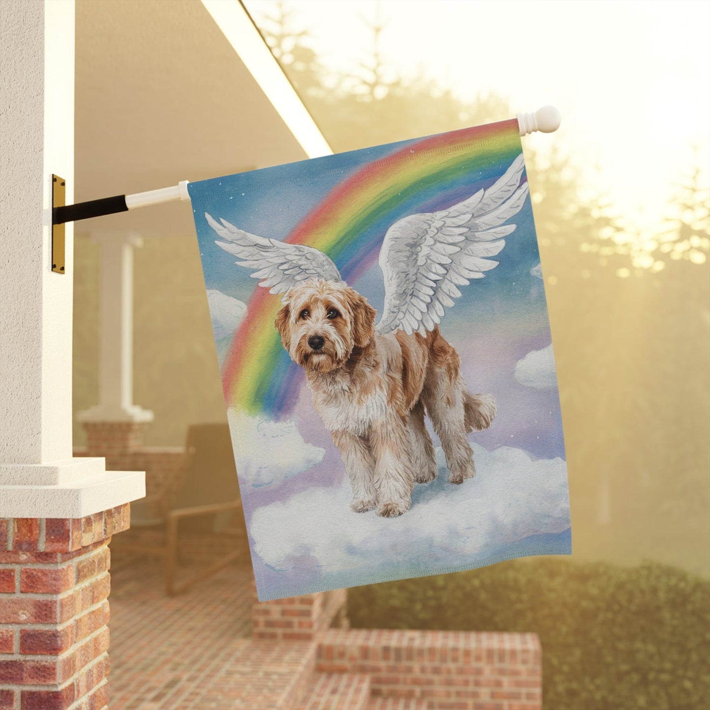 Rainbow Bridge Miniature doodle, Loss of Pet Garden Flag, Yard Spring Decor, Grieving Gift Dog Memorial