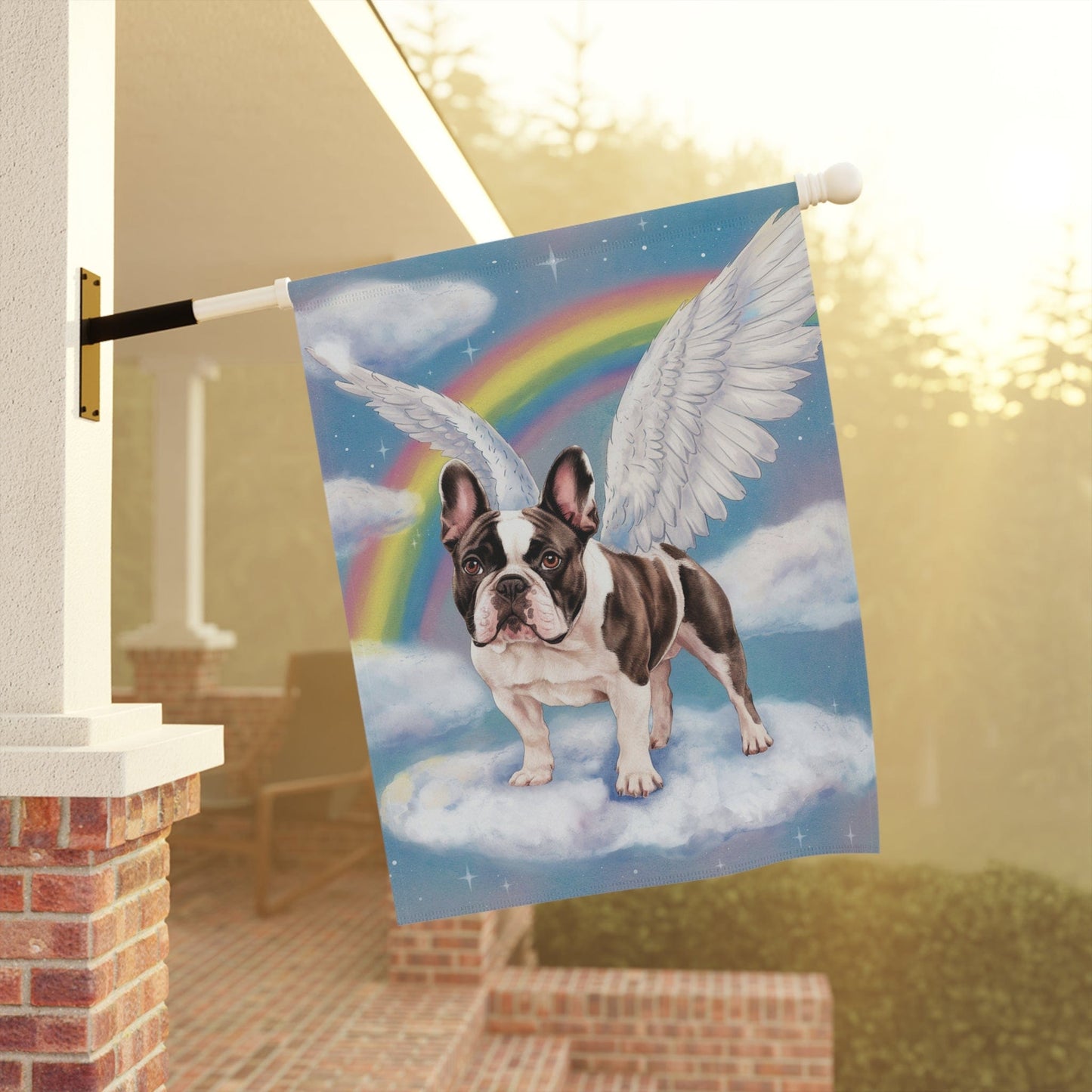 Printify Home Decor Rainbow Bridge Piebald French Bulldog, Loss of Pet Garden Flag, Yard Spring Decor, Grieving Dog Memorial