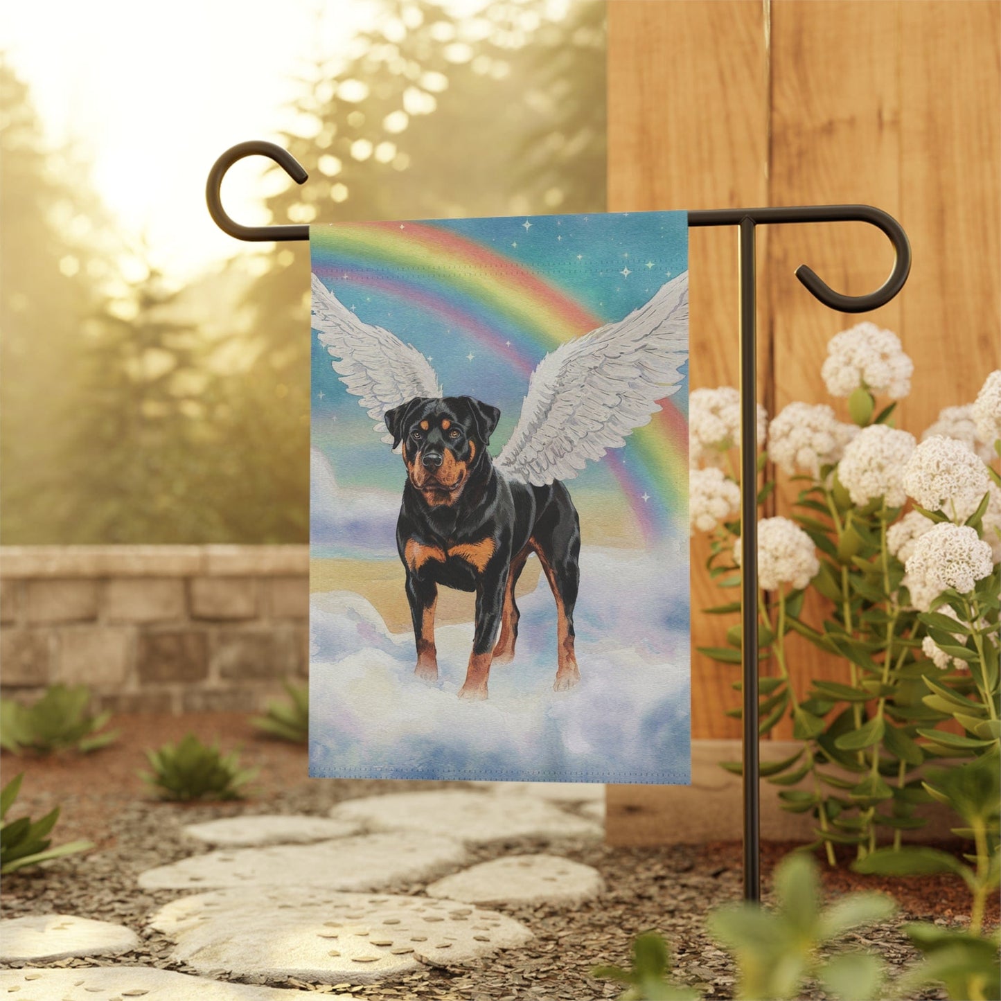 Printify Home Decor Rainbow Bridge Rottweiler, Loss of Pet Garden Flag, Yard Spring Decor, Grieving Gardener Gift, Memorial Gifts