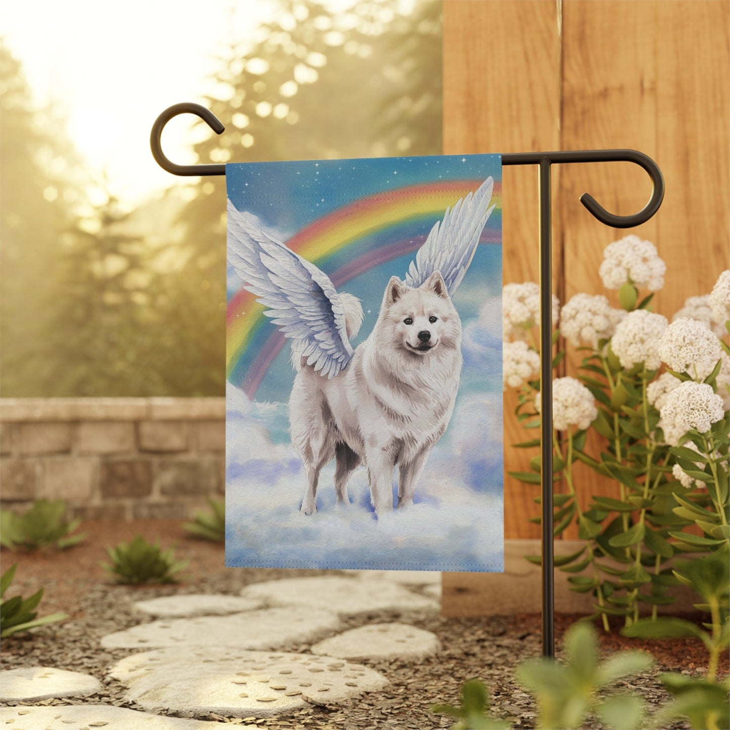Printify Home Decor Rainbow Bridge Samoyed, Loss of Pet Garden Flag, Front Yard Spring Decor, Grieving Angel Dog Owner