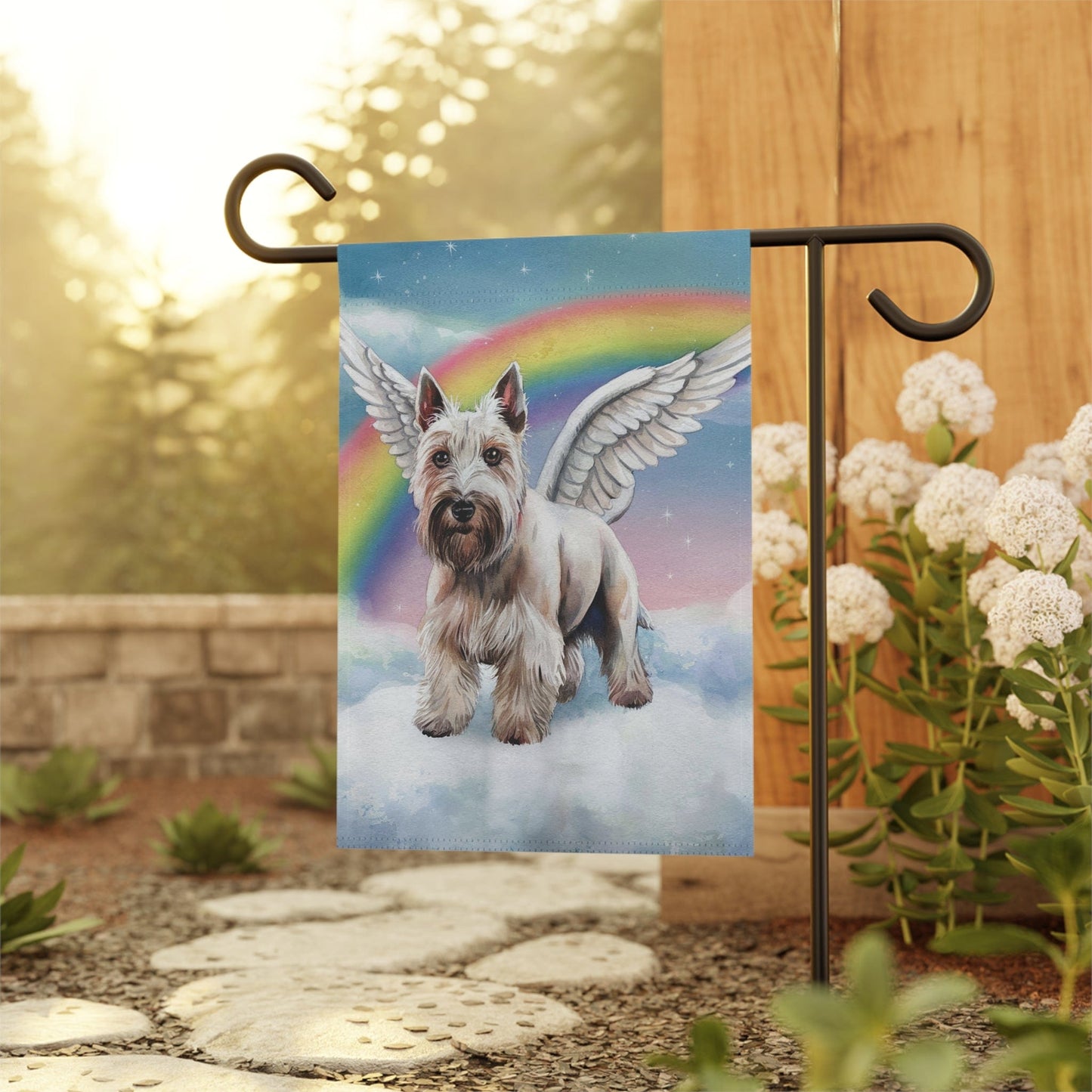 Printify Home Decor Rainbow Bridge White Scottish Terrier, Loss of Scottie Dog, Pet Garden Flag, Yard Spring Grieving