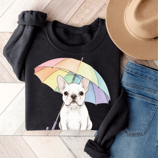 Rainy Day Rainbow White Fawn French Bulldog Sweatshirt Dark Heather