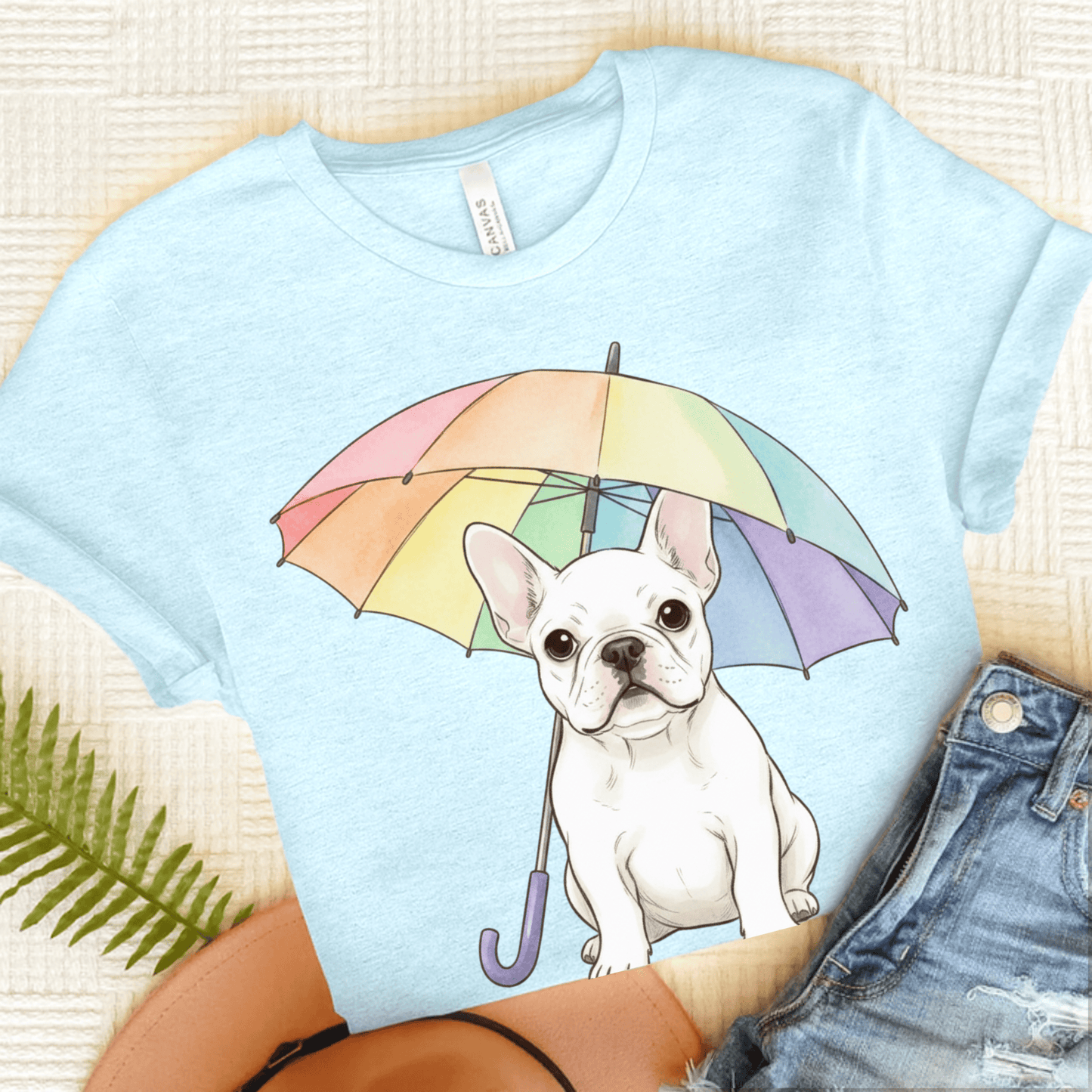 Rainy Day Rainbow White French Bulldog Tshirt Heather Ice Blue