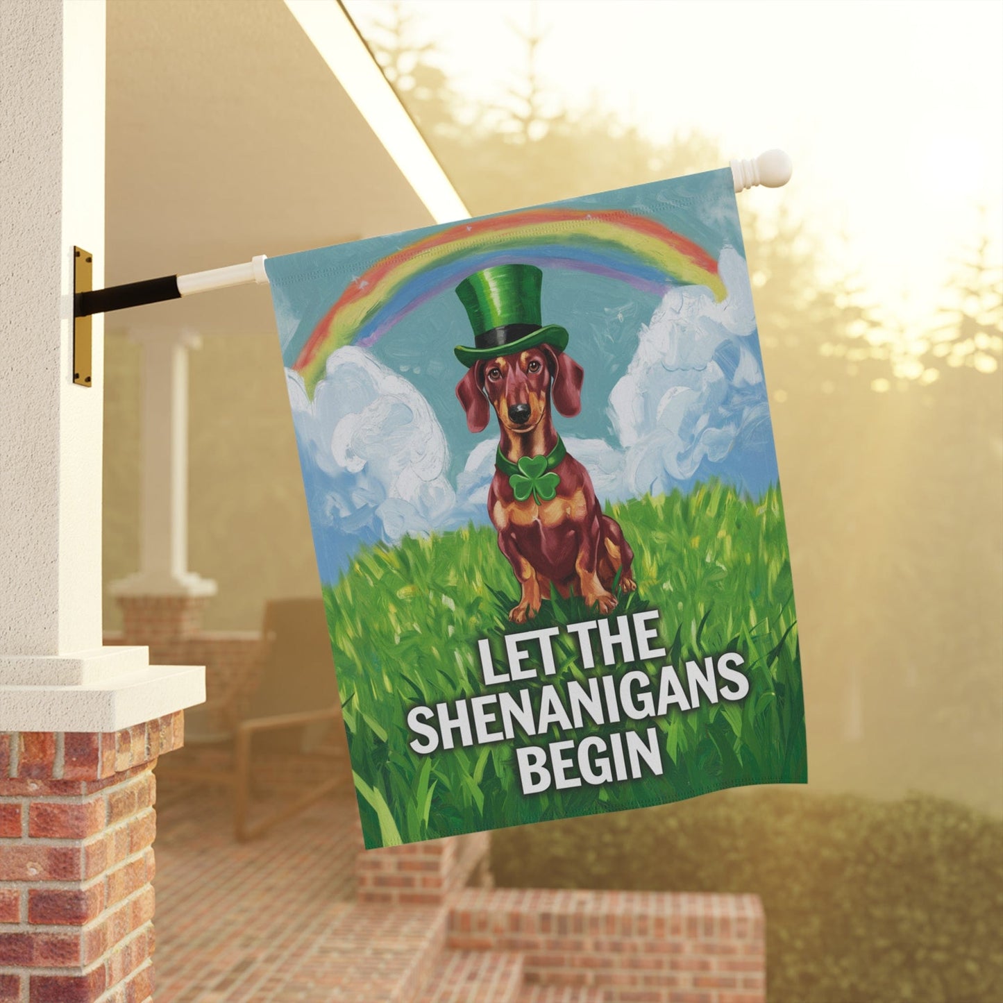 Printify Garden Flag Red Dachshund Garden Flag, Saint Patricks Day Funny Wiener Dog Yard Outside Decor