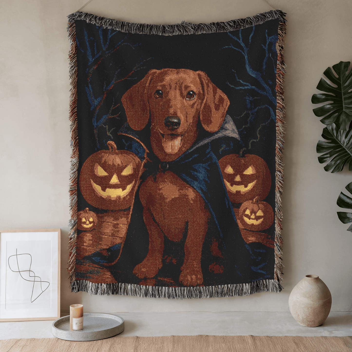 Printify Blanket 52'' × 37'' Red Dachshund Halloween Woven Blanket