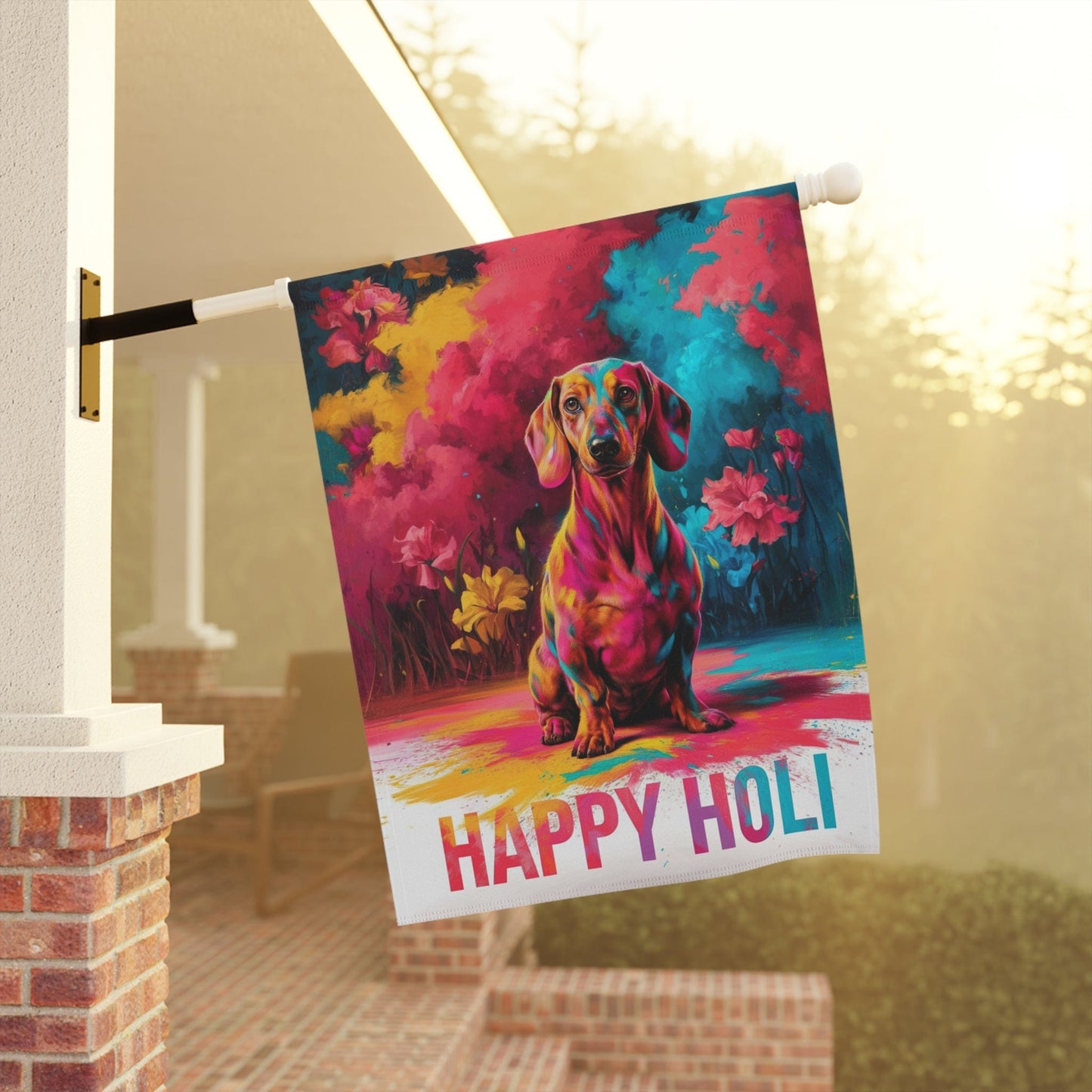 Printify Garden Flag Red Dachshund Holi Festival Garden Flag, Indian Celebrations Funny Dog
