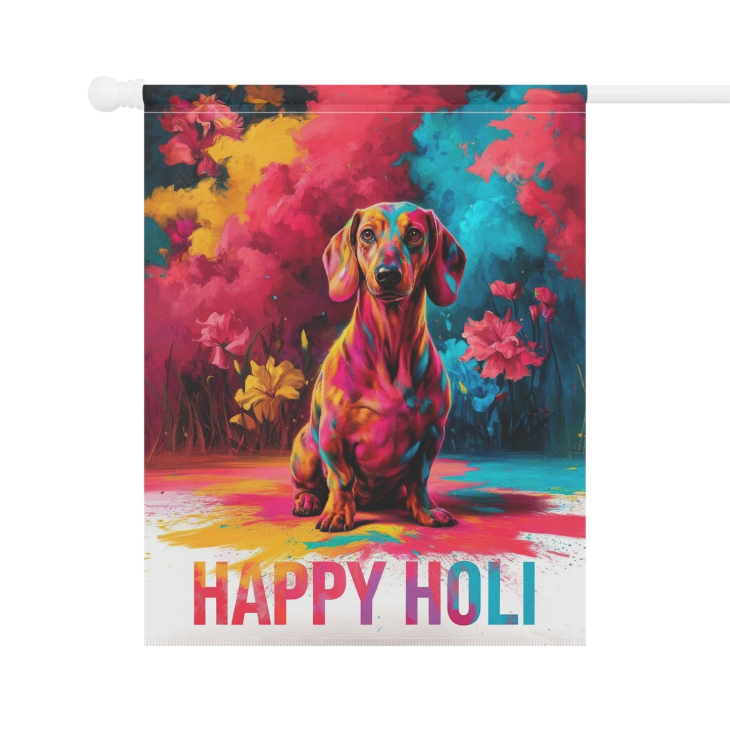 Printify Garden Flag Red Dachshund Holi Festival Garden Flag, Indian Celebrations Funny Dog