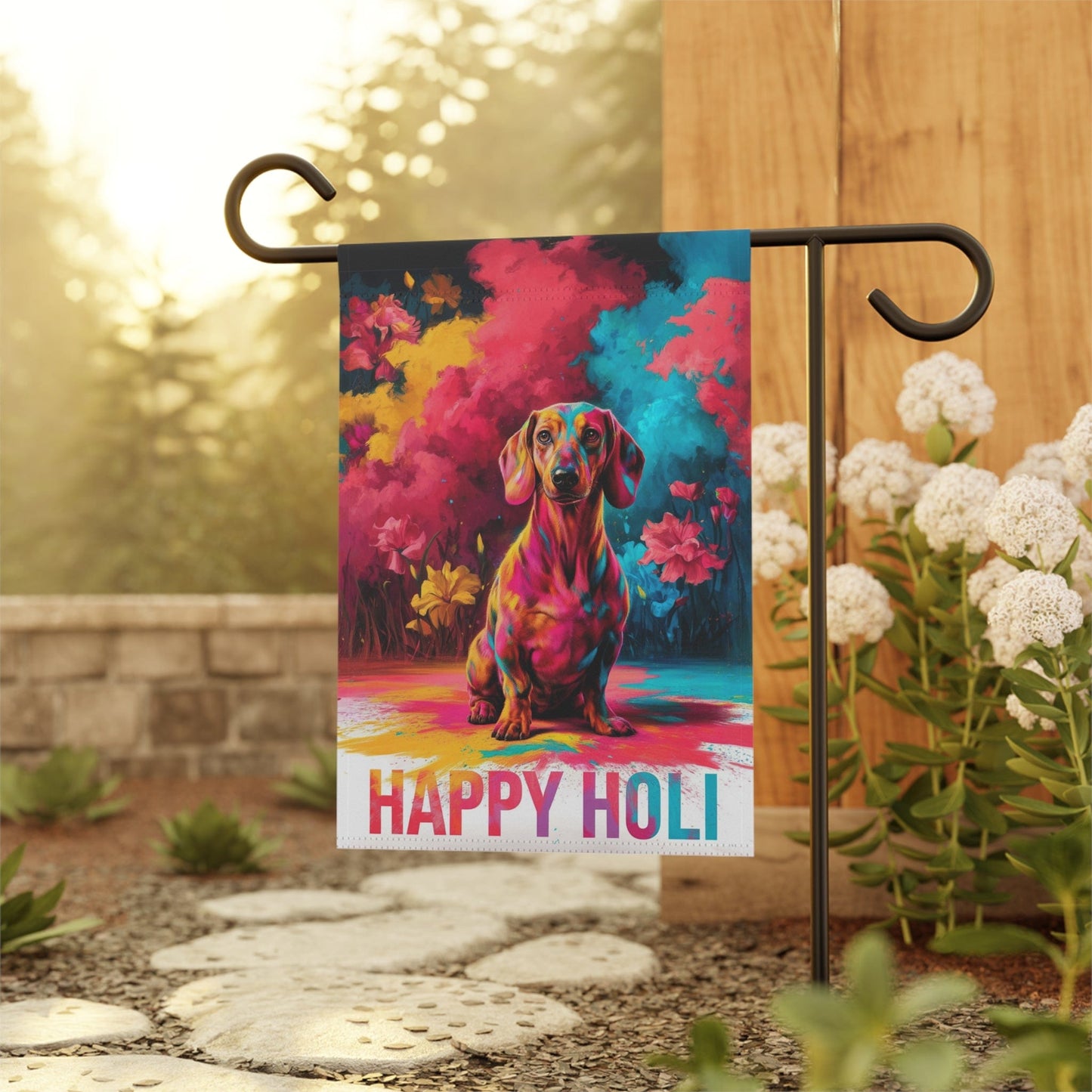 Printify Garden Flag Red Dachshund Holi Festival Garden Flag, Indian Celebrations Funny Dog