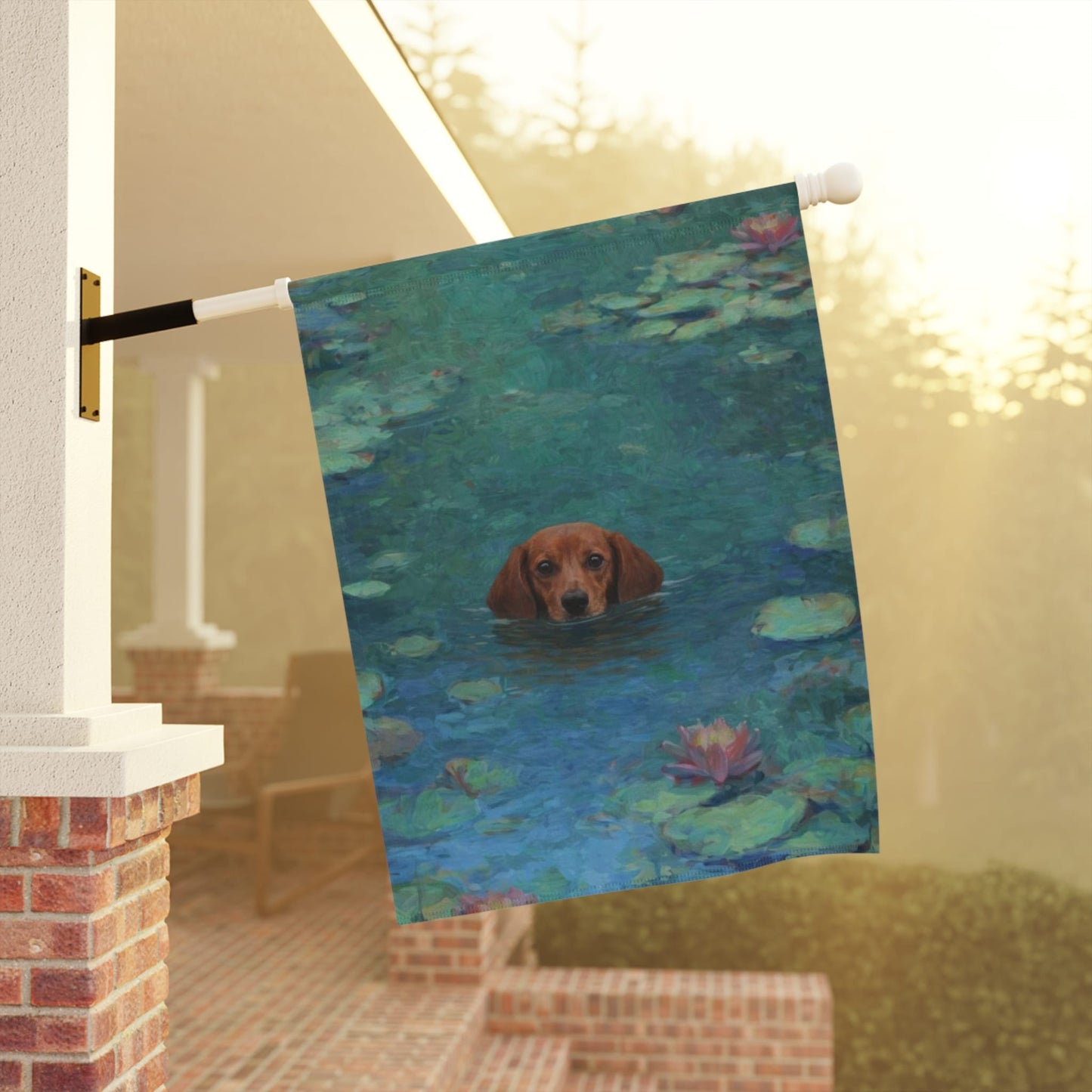 Red Dachshund Monet Waterlilies Garden Flag