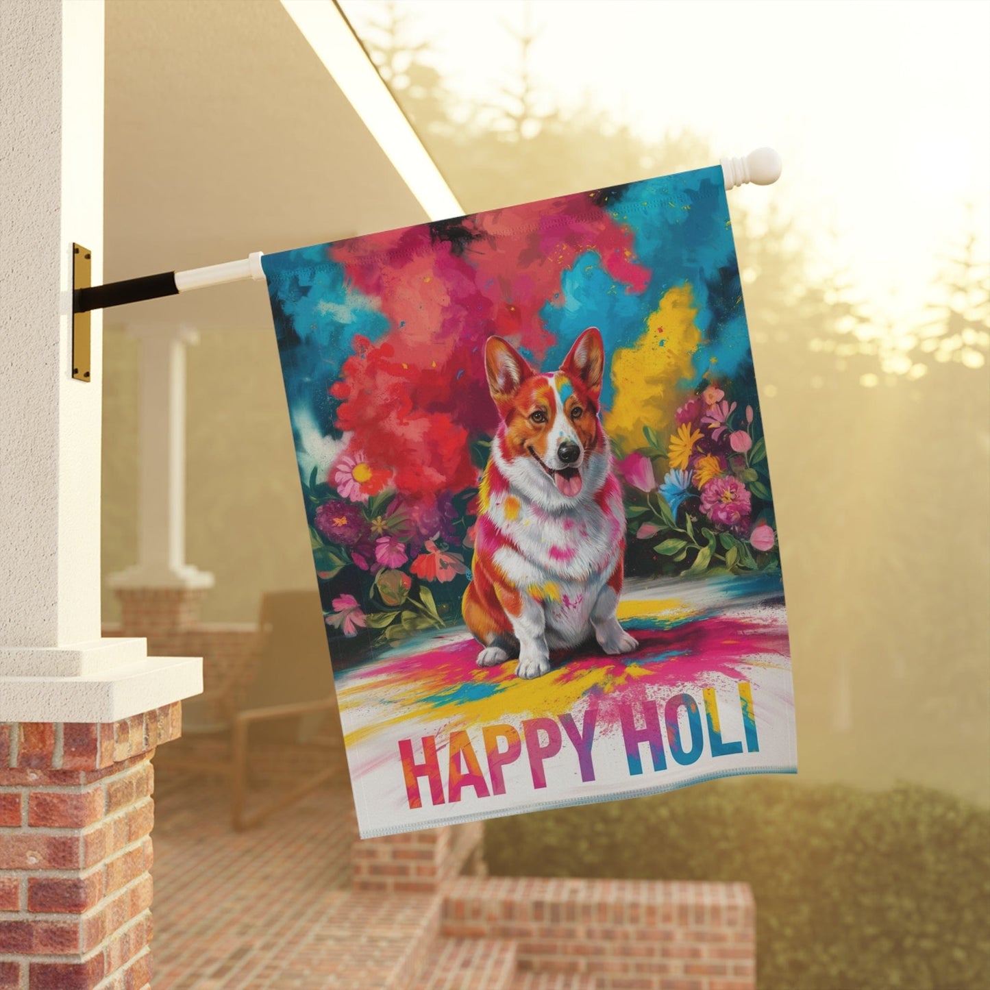 Printify Home Decor Red Pembroke Corgi, Cardigan Holi Festival Garden Flag, Indian Celebrations Funny Dog
