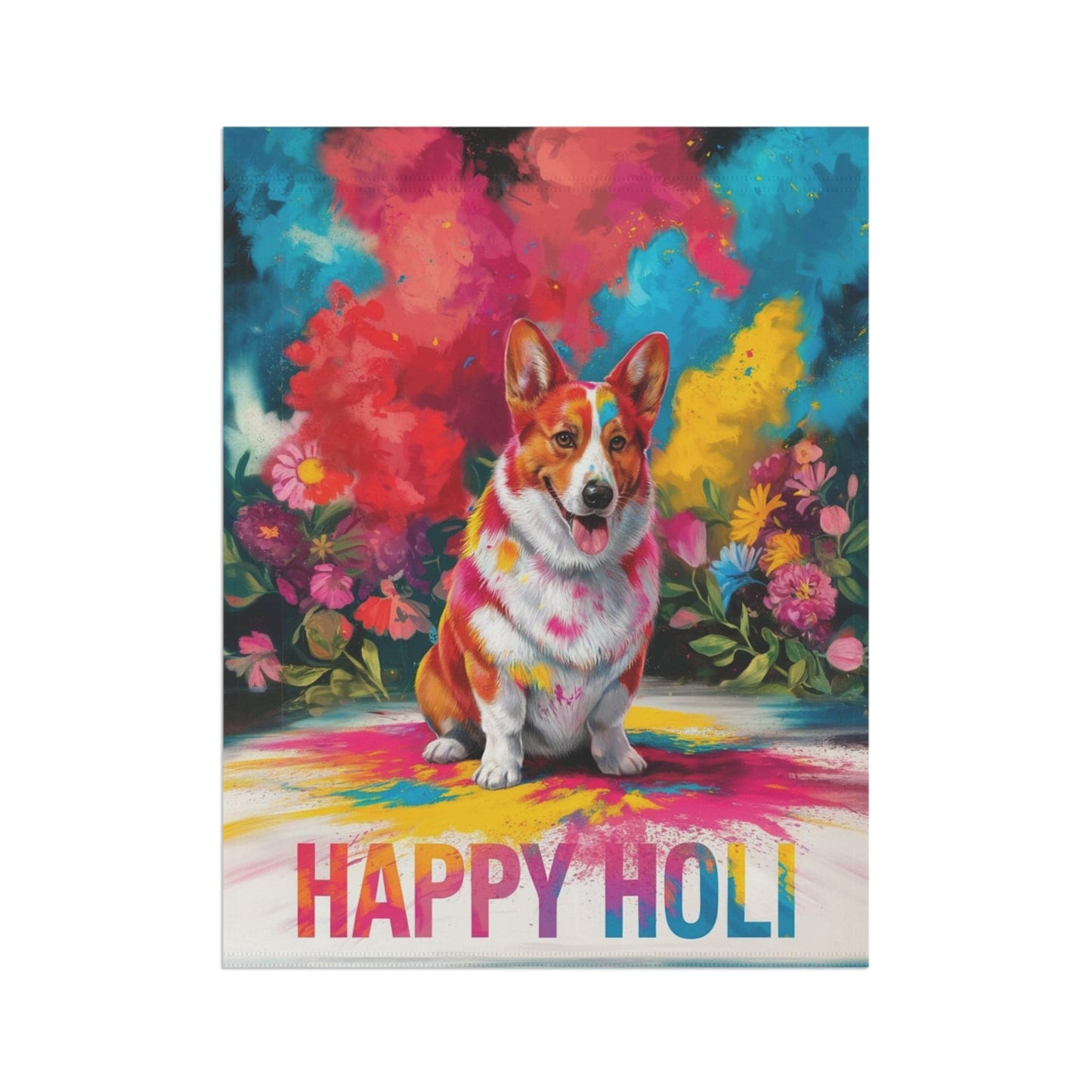 Printify Home Decor Red Pembroke Corgi, Cardigan Holi Festival Garden Flag, Indian Celebrations Funny Dog