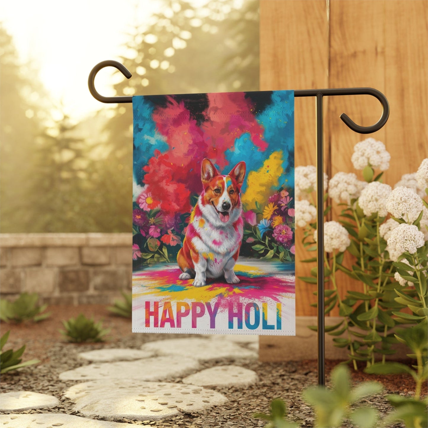 Printify Home Decor Red Pembroke Corgi, Cardigan Holi Festival Garden Flag, Indian Celebrations Funny Dog