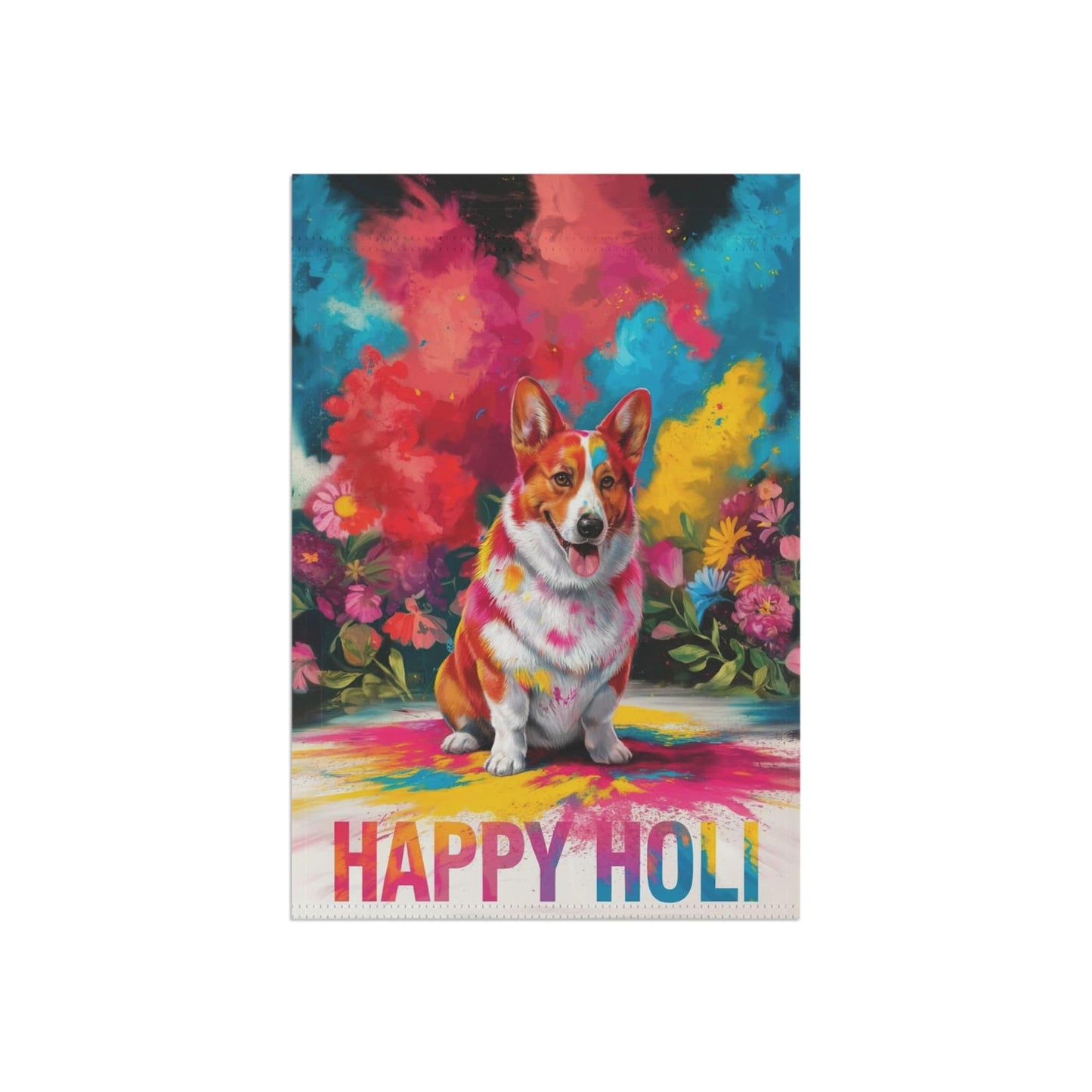 Printify Home Decor Red Pembroke Corgi, Cardigan Holi Festival Garden Flag, Indian Celebrations Funny Dog