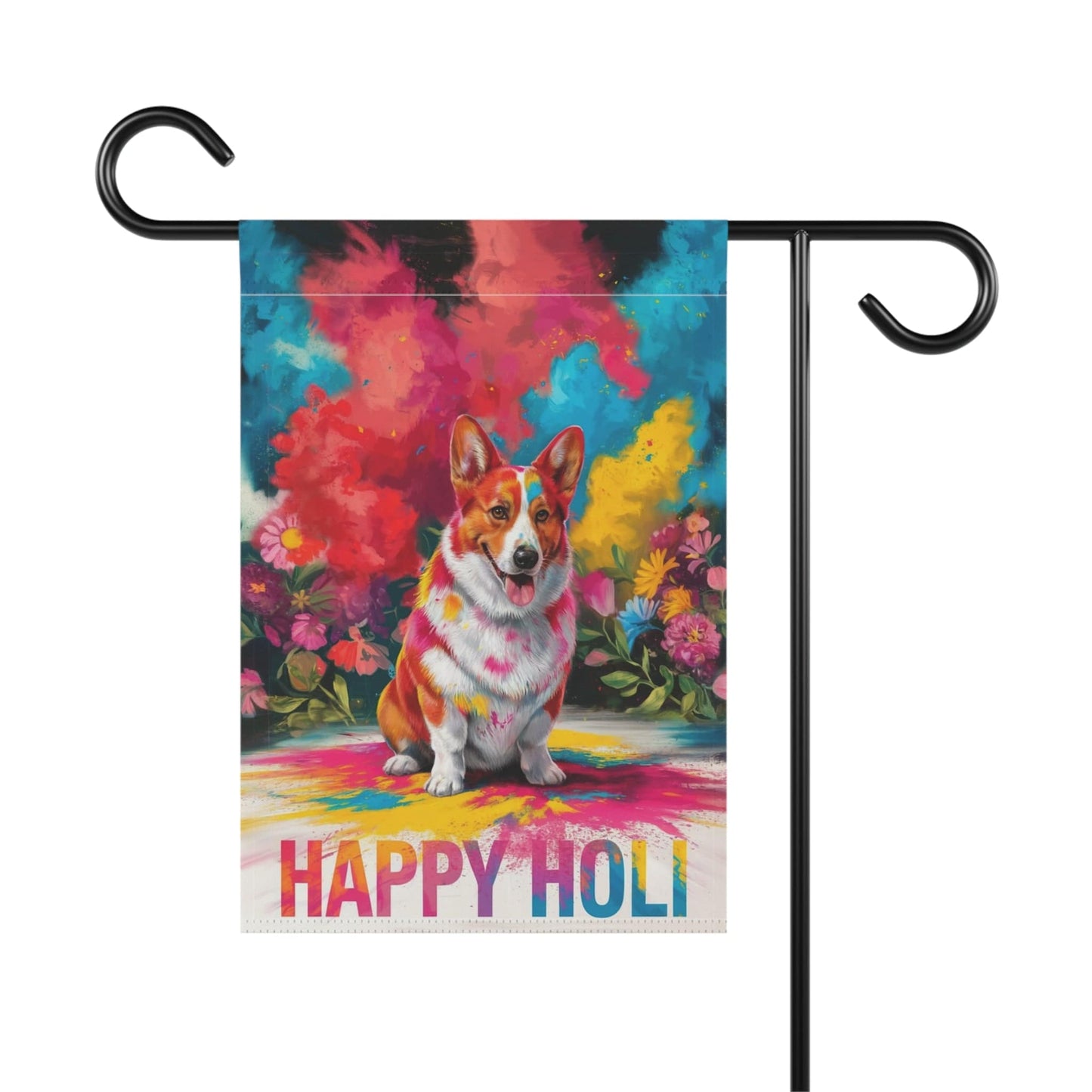 Printify Home Decor Red Pembroke Corgi, Cardigan Holi Festival Garden Flag, Indian Celebrations Funny Dog