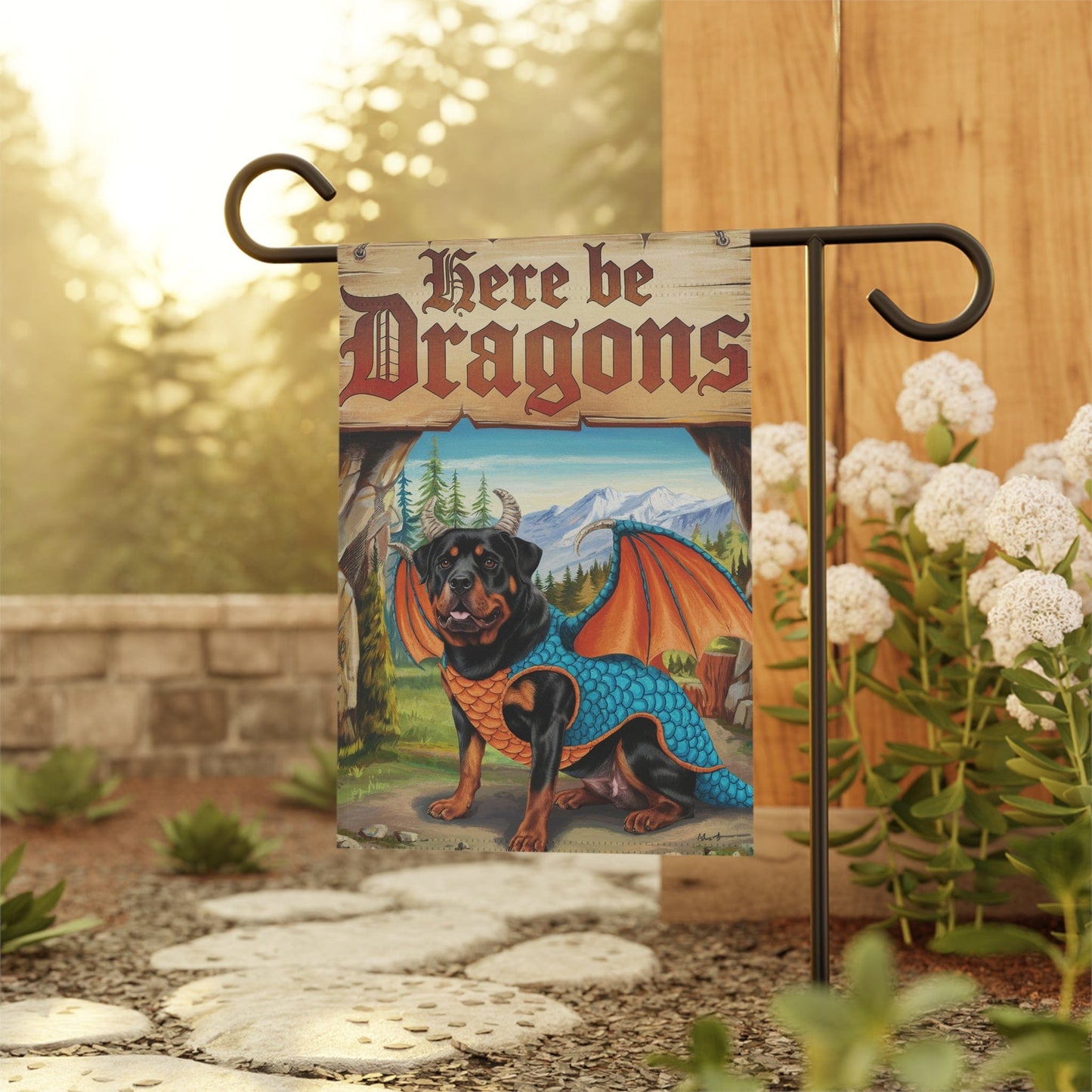 Printify Home Decor Rottweiler Dog, Dragon Garden Flag, Fantasy Pet Adventure, Yard Decor, Housewarming Halloween Flag