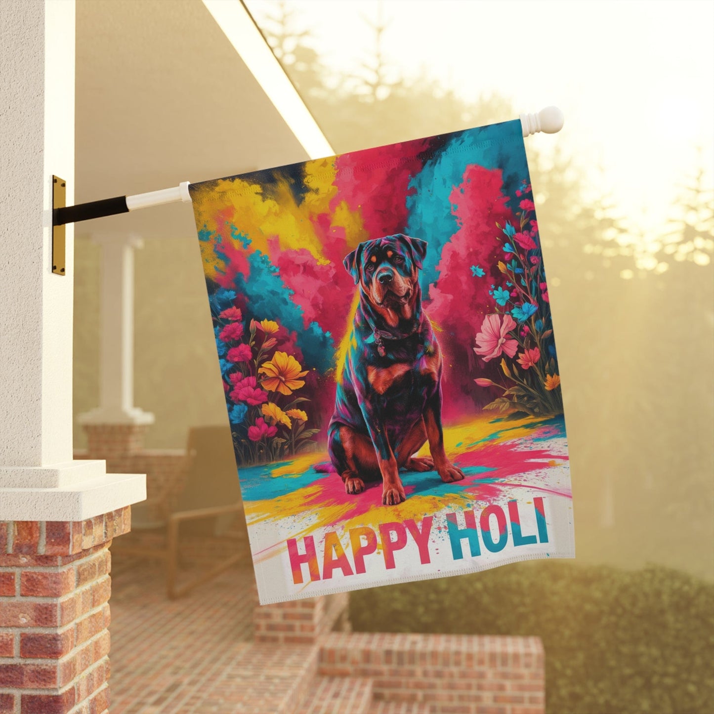 Rottweiler Holi Festival Garden Flag, Indian Celebrations Funny Dog Lovers Yard Outside Decor
