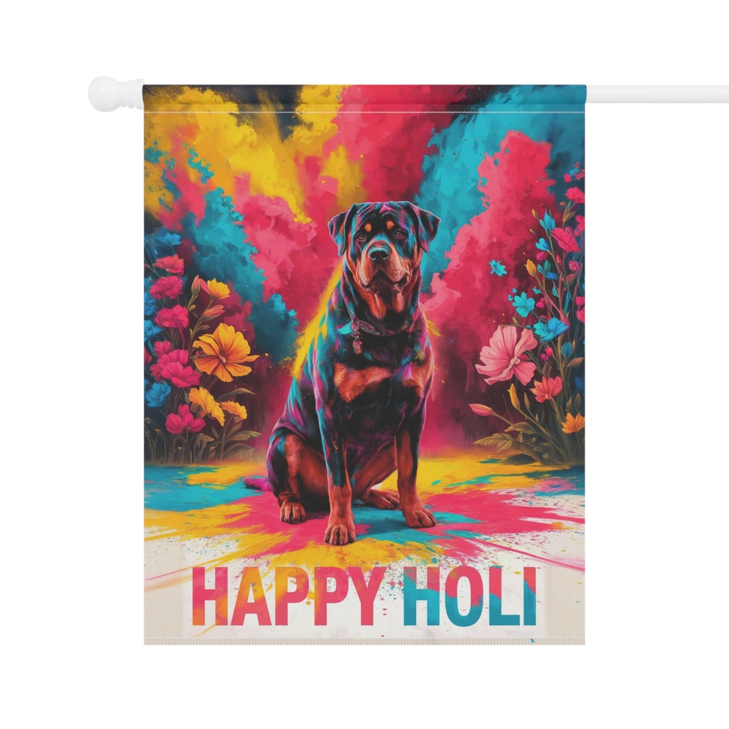 Printify Home Decor Rottweiler Holi Festival Garden Flag, Indian Celebrations Funny Dog Lovers Yard Outside Decor