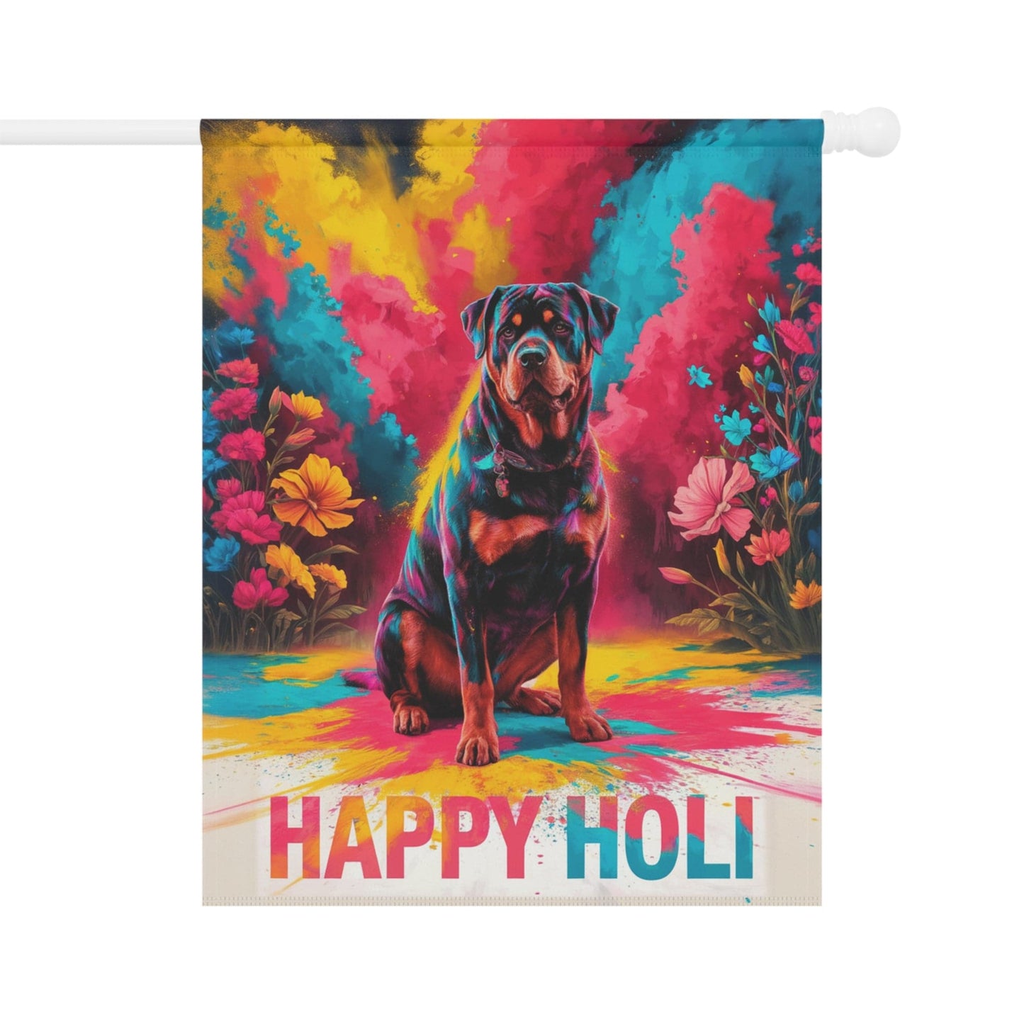Printify Home Decor 24.5'' × 32'' Rottweiler Holi Festival Garden Flag, Indian Celebrations Funny Dog Lovers Yard Outside Decor