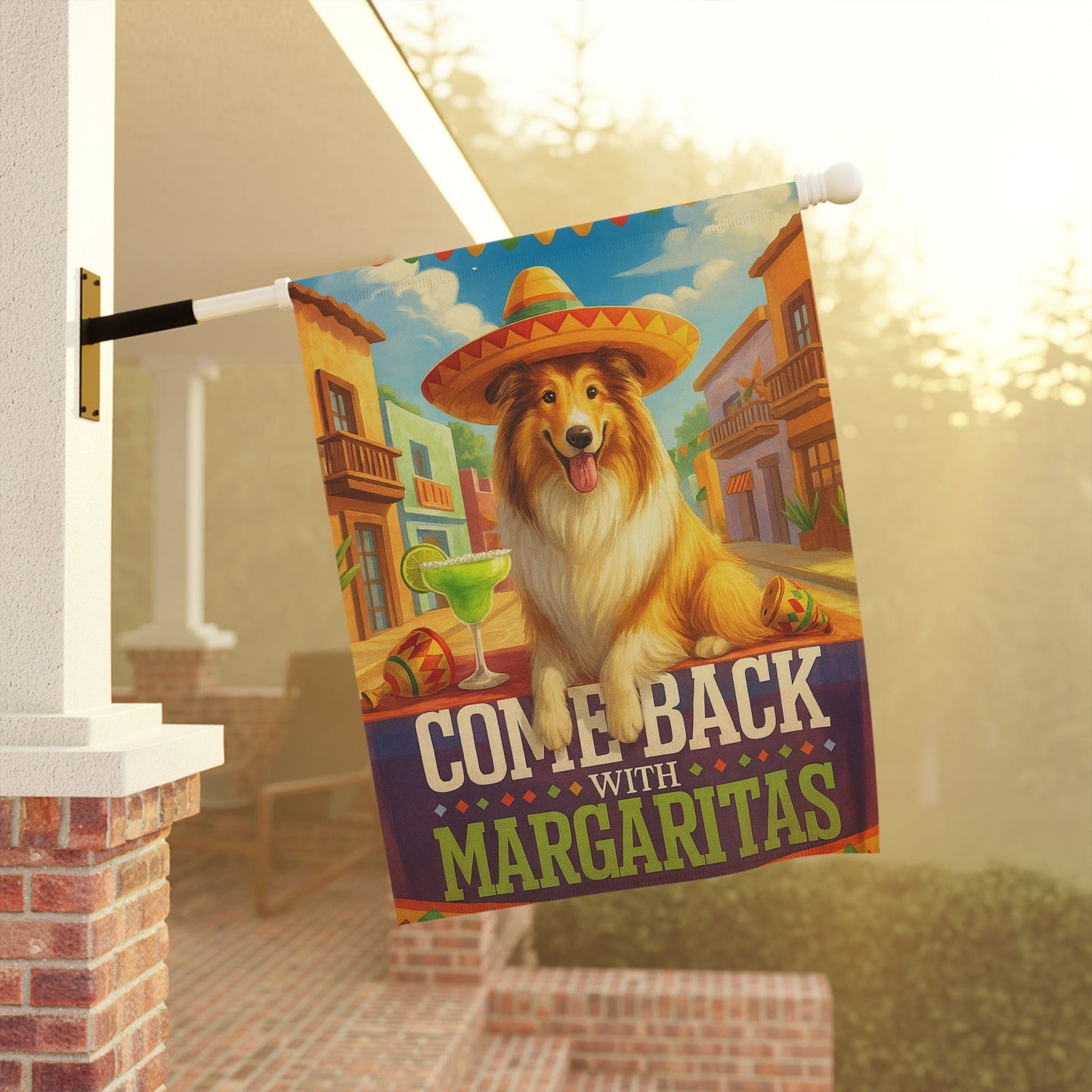 Rough Collie Dog Garden Flag, Cinco de Mayo Fiesta, Margarita Drinking Decor, Front Yard Gardener Gift
