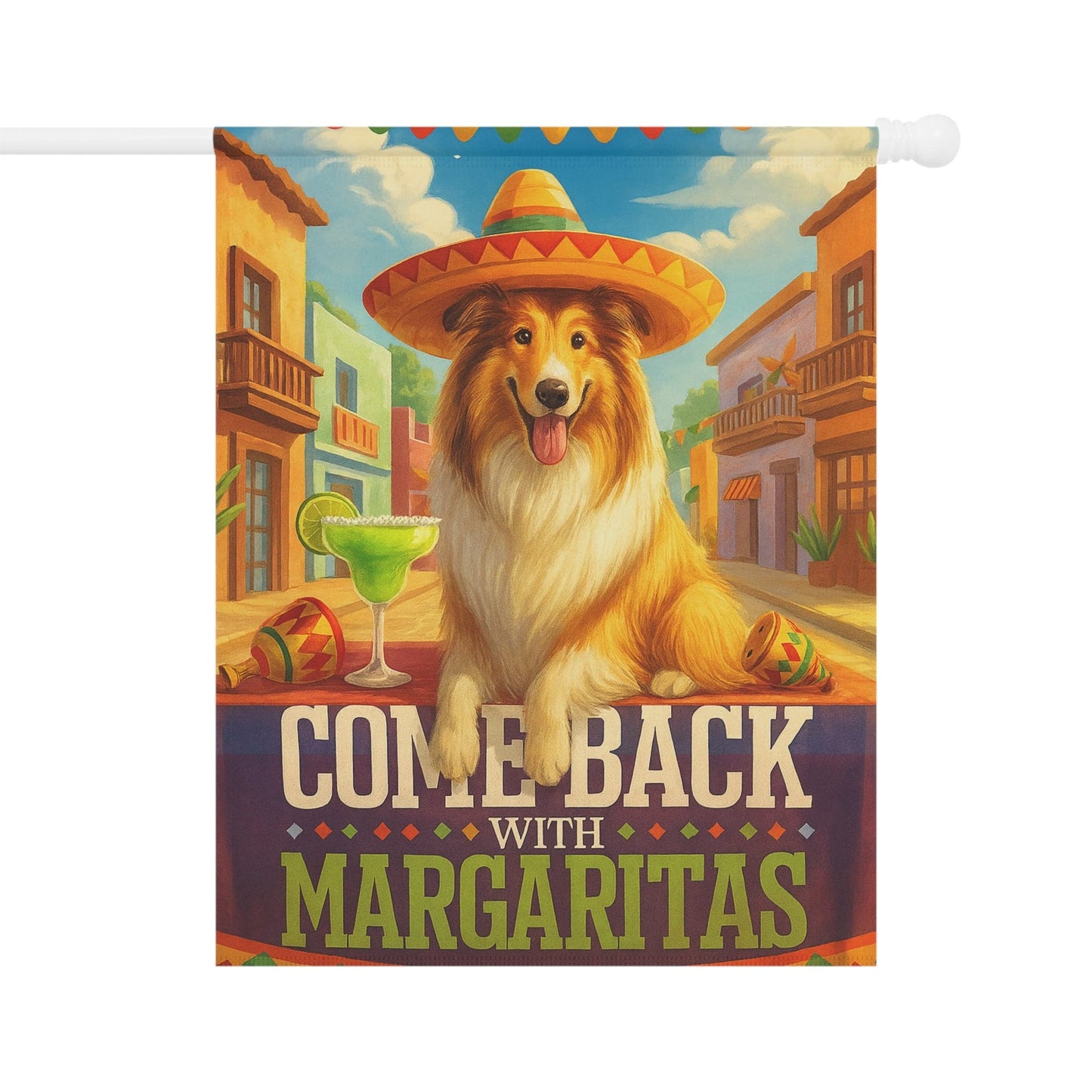 Printify Home Decor 24.5'' × 32'' Rough Collie Dog Garden Flag, Cinco de Mayo Fiesta, Margarita Drinking Decor, Front Yard Gardener Gift