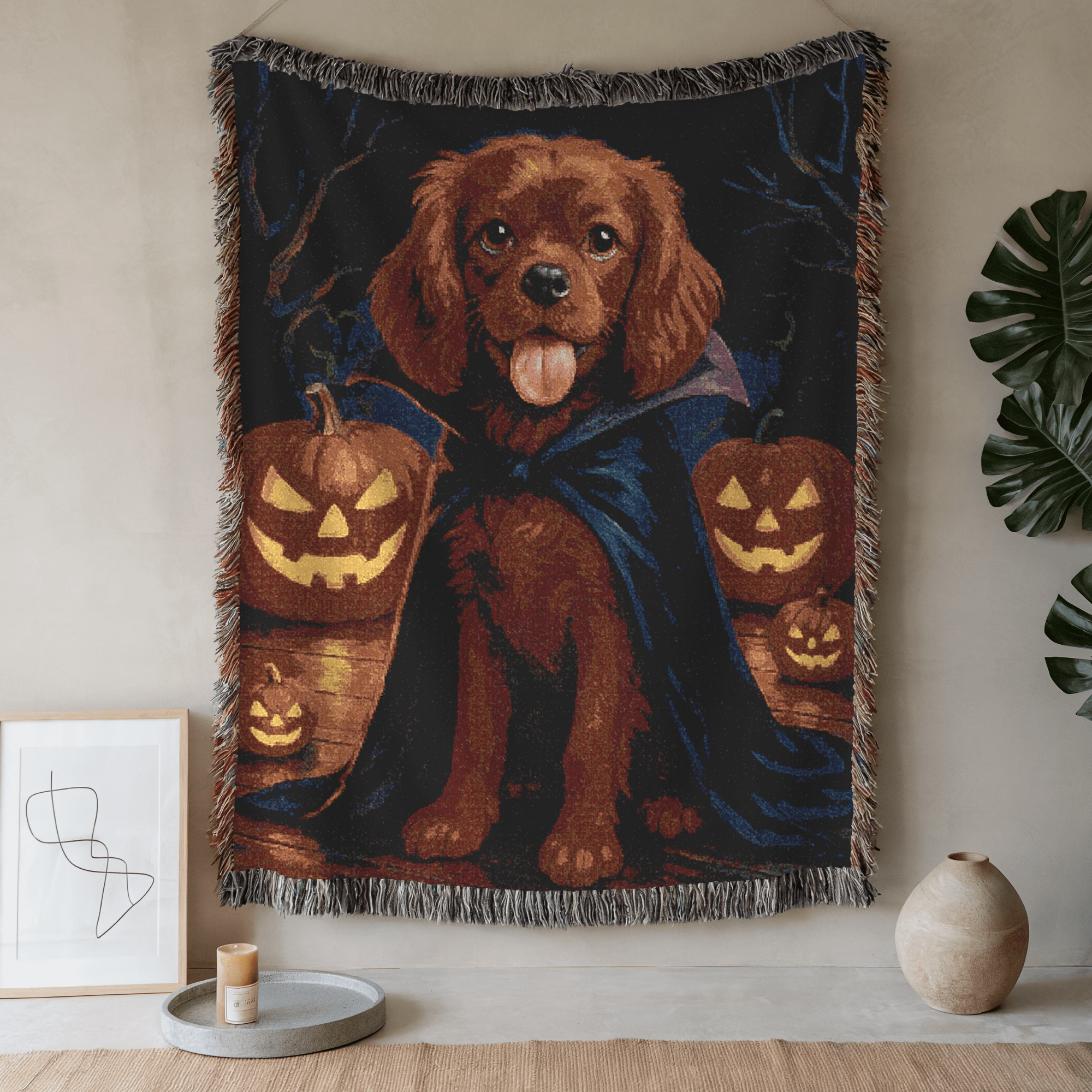 Ruby Cavalier King Charles Dog Halloween Woven Blanket 80" × 60"