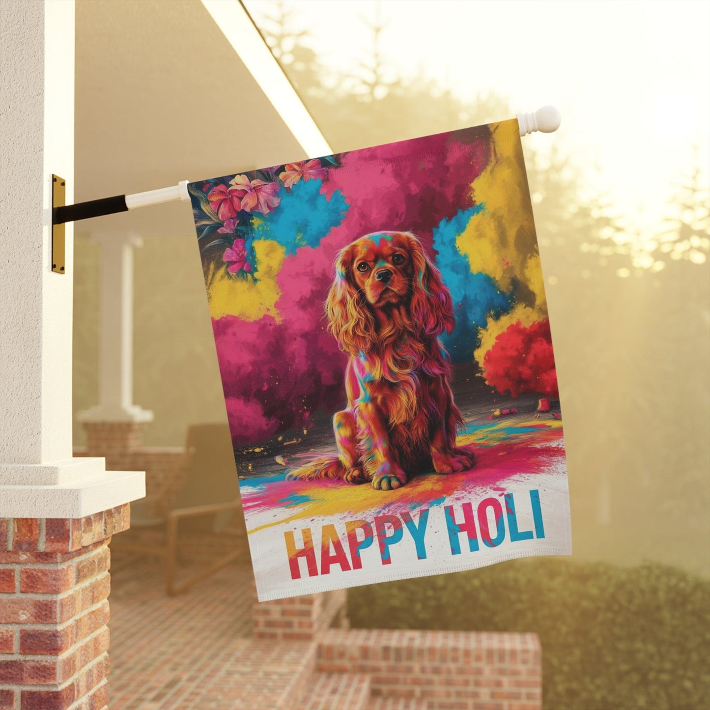 Ruby Cavalier King Charles Holi Festival Garden Flag