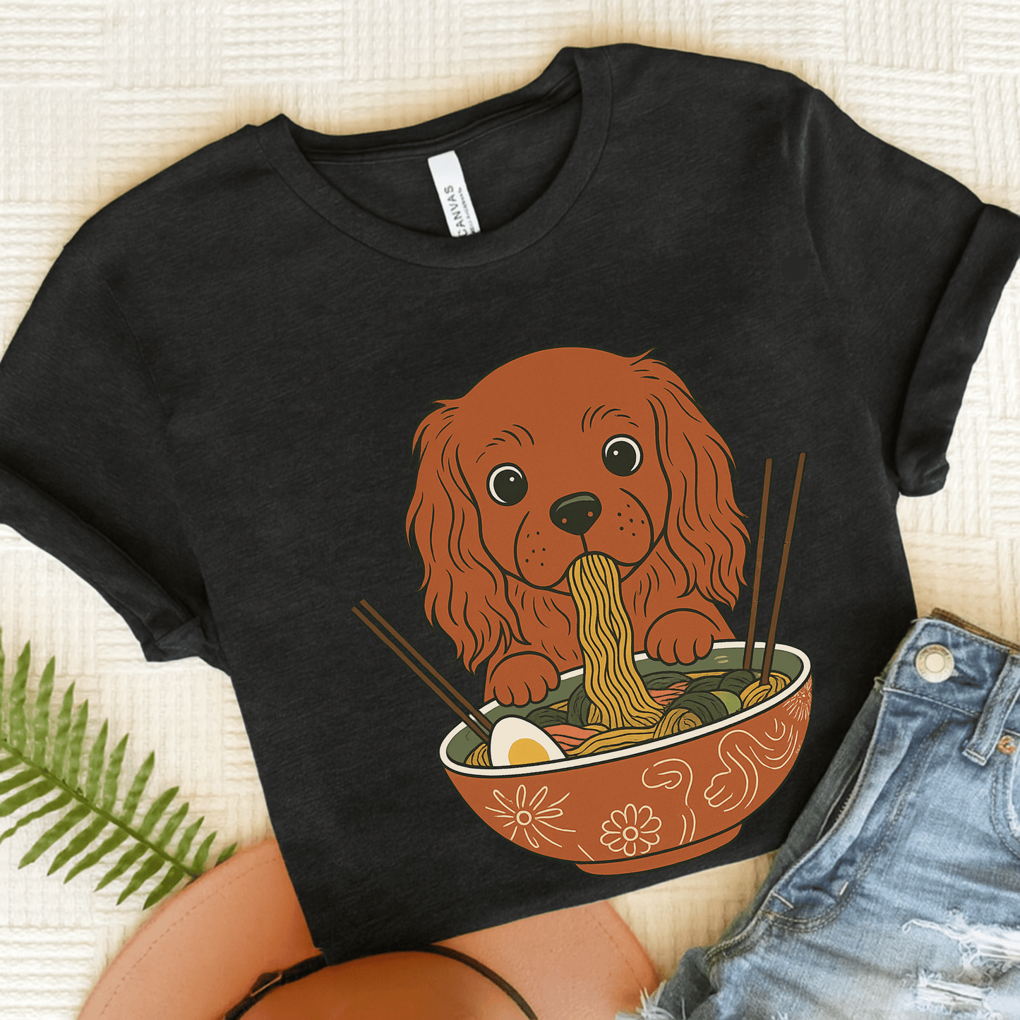 Printify T-Shirt Solid Black Blend / S Ruby Cavalier King Charles Ramen TShirt