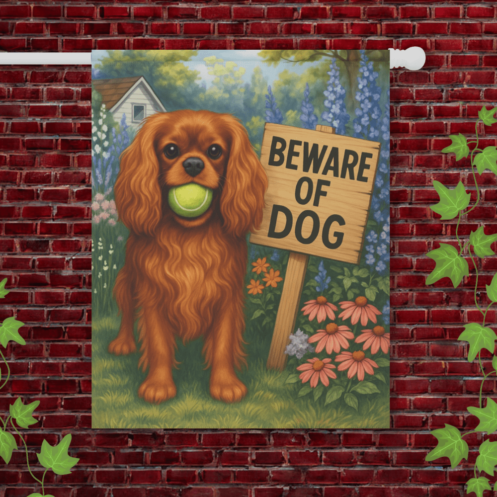 Printify Garden Flag 24.5'' × 32'' Ruby Cavalier King Charles Spaniel Beware Garden Flag