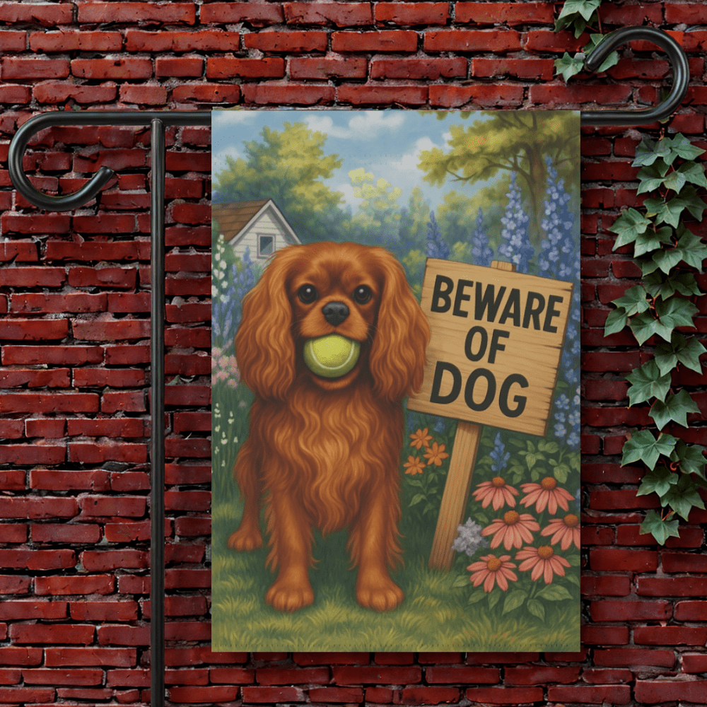 Ruby Cavalier King Charles Spaniel Beware Garden Flag 12'' × 18''