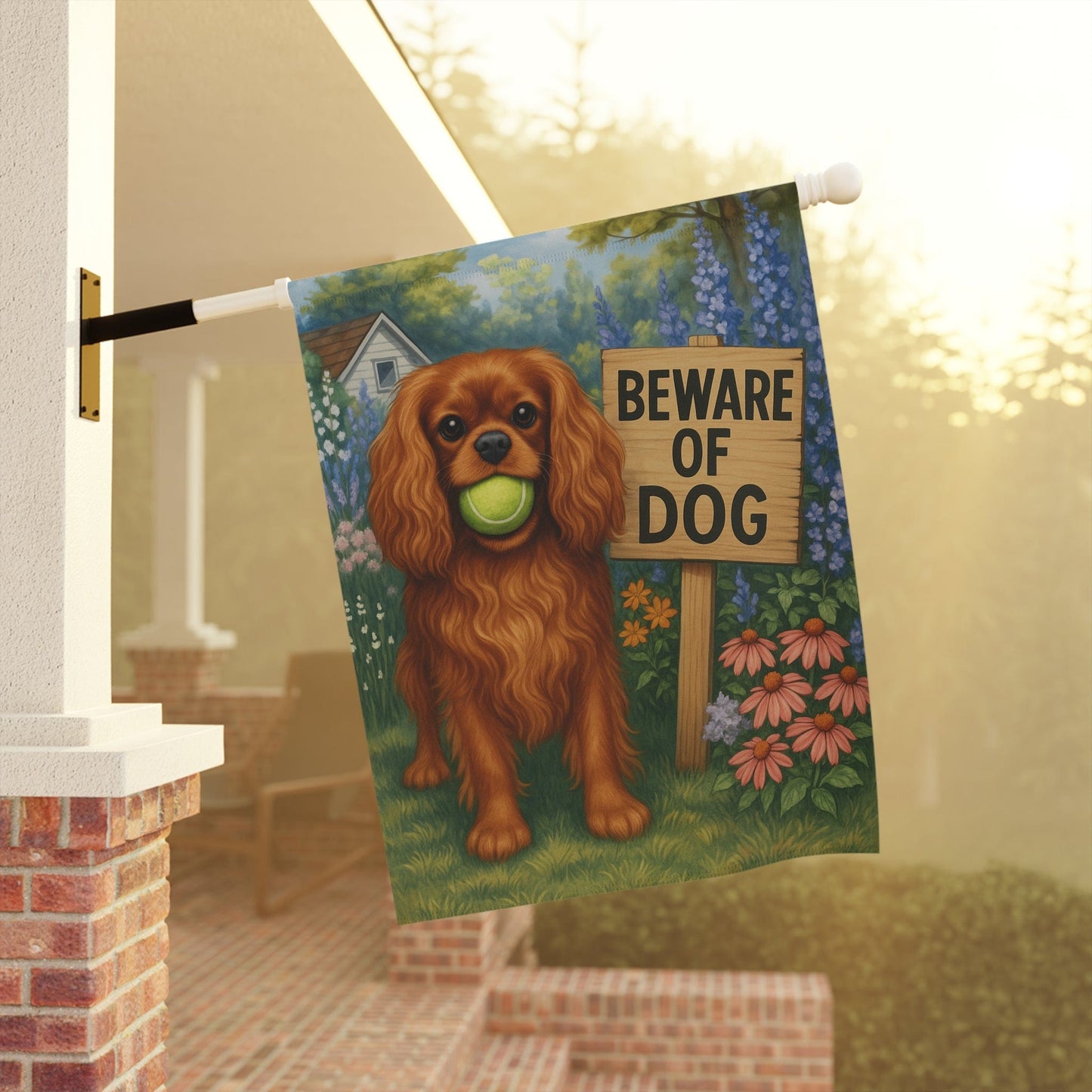 Printify Garden Flag Ruby Cavalier King Charles Spaniel Beware Garden Flag