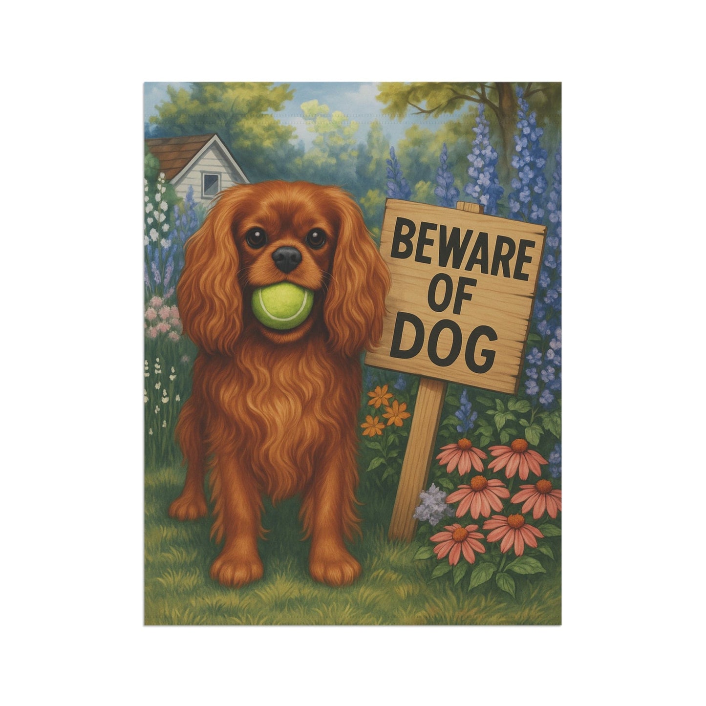 Printify Garden Flag Ruby Cavalier King Charles Spaniel Beware Garden Flag