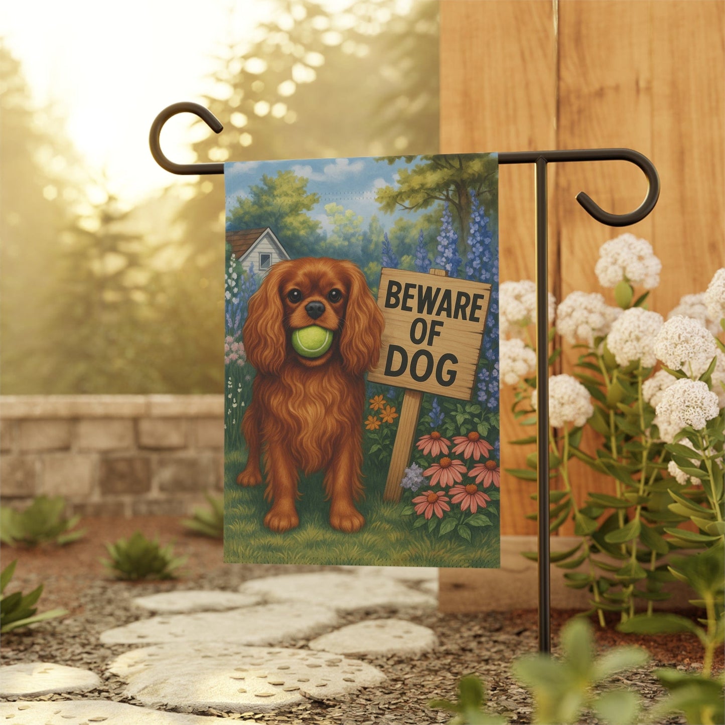 Printify Garden Flag Ruby Cavalier King Charles Spaniel Beware Garden Flag
