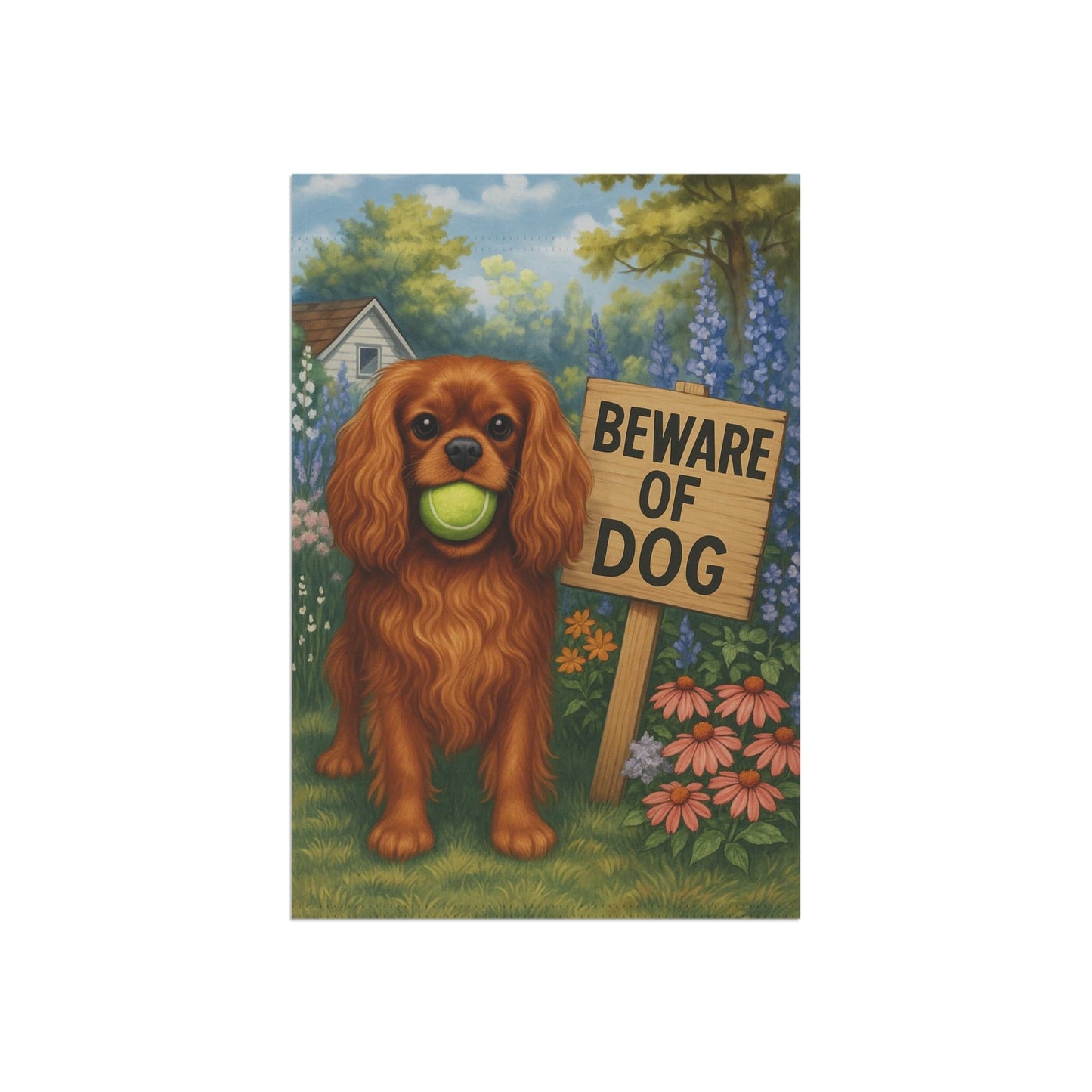 Printify Garden Flag Ruby Cavalier King Charles Spaniel Beware Garden Flag