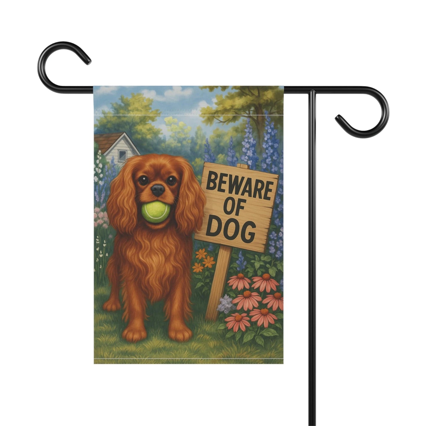 Printify Garden Flag Ruby Cavalier King Charles Spaniel Beware Garden Flag