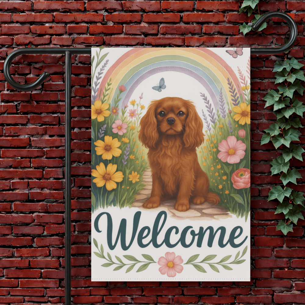 Printify Garden Flag 12'' × 18'' Ruby Cavalier King Charles Welcome Garden Flag