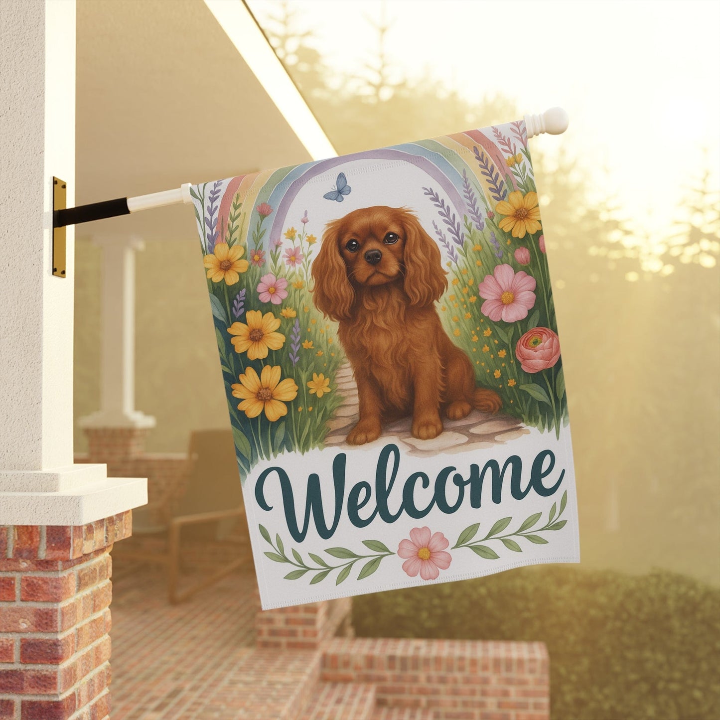 Printify Garden Flag Ruby Cavalier King Charles Welcome Garden Flag