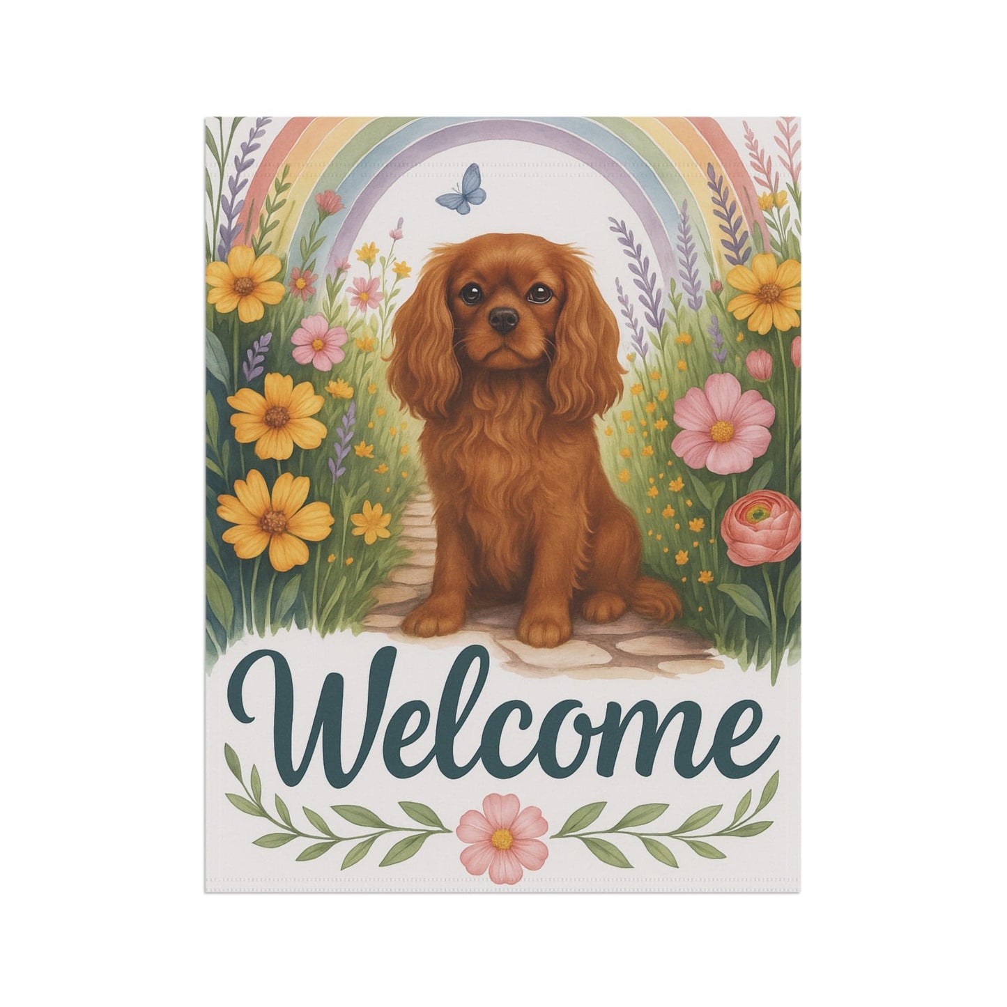Printify Garden Flag Ruby Cavalier King Charles Welcome Garden Flag