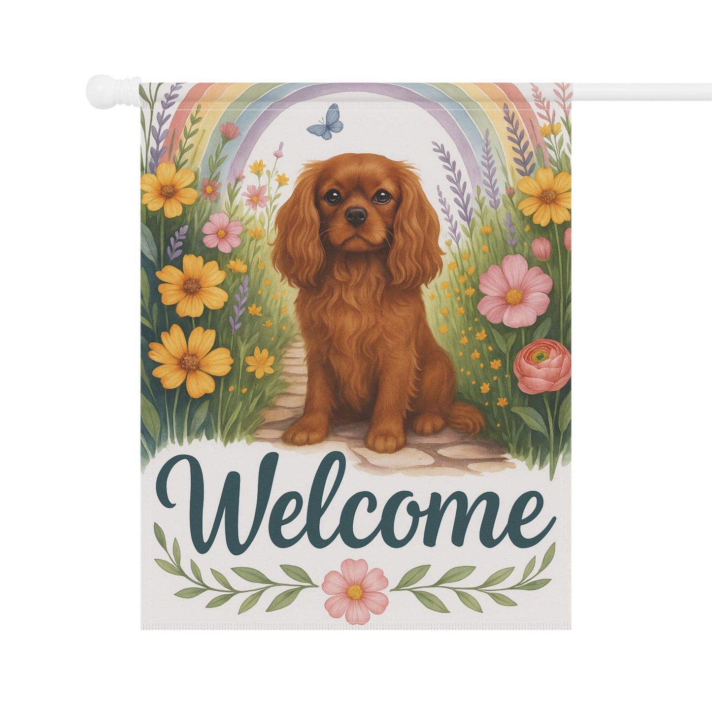 Printify Garden Flag Ruby Cavalier King Charles Welcome Garden Flag
