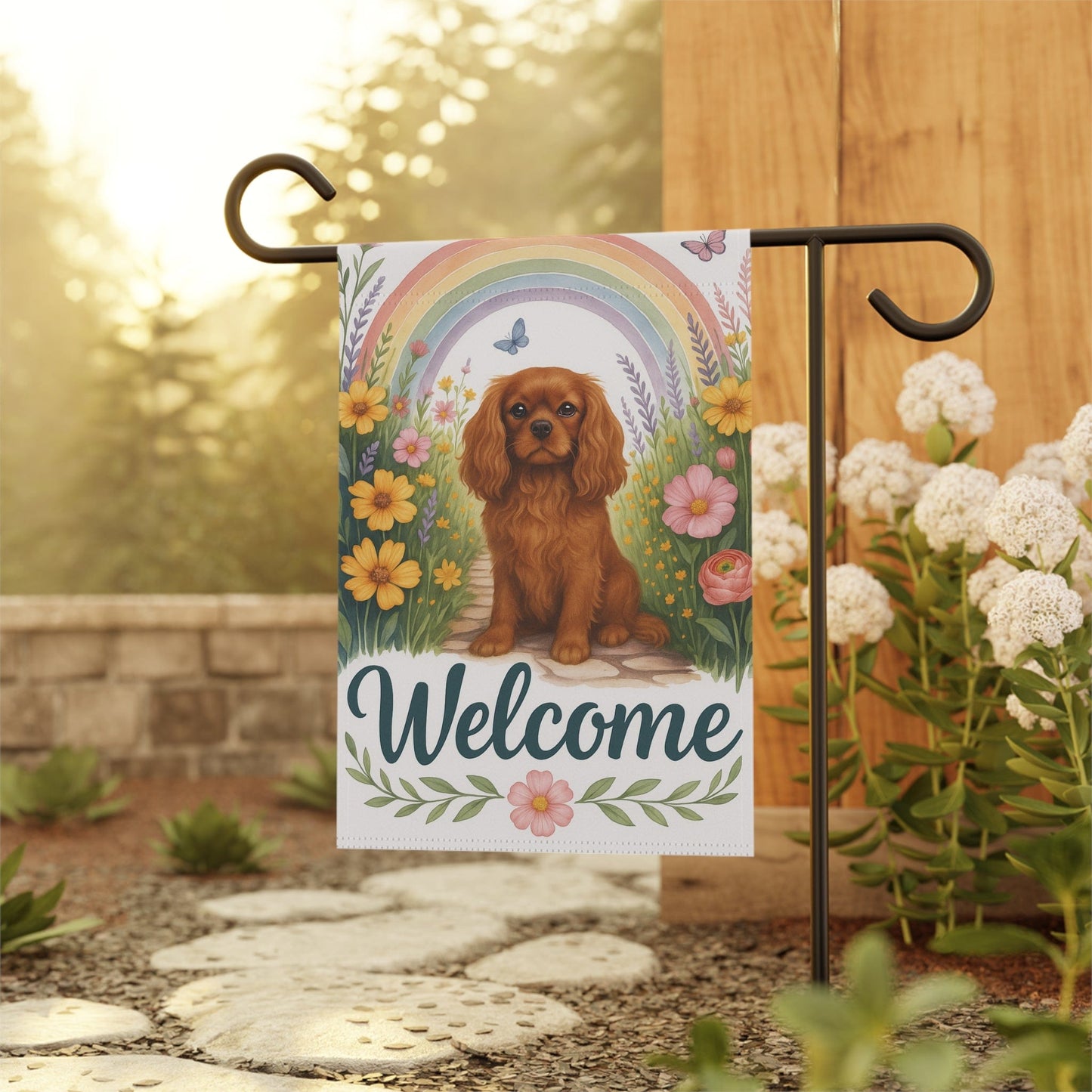 Printify Garden Flag Ruby Cavalier King Charles Welcome Garden Flag