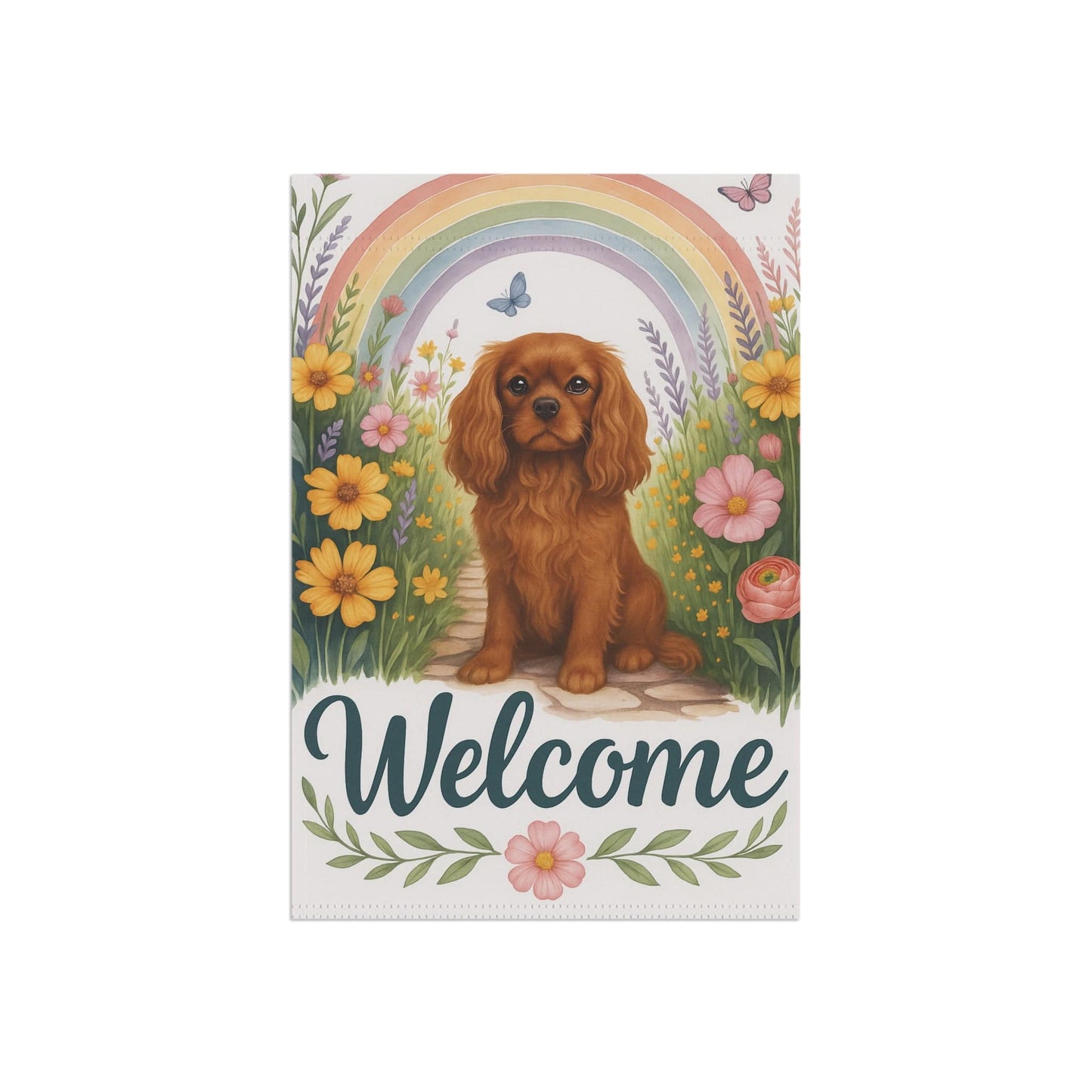 Printify Garden Flag Ruby Cavalier King Charles Welcome Garden Flag