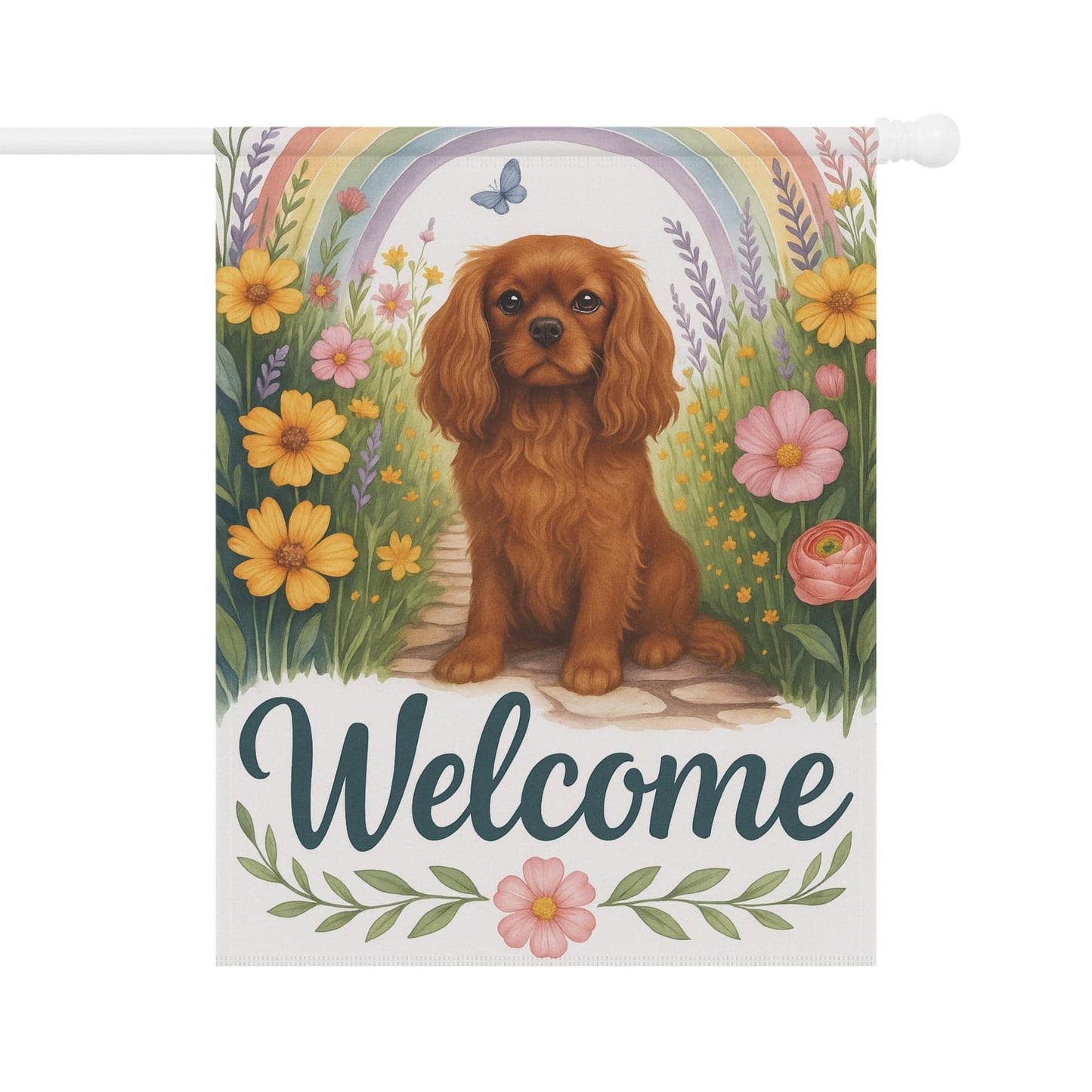 Printify Garden Flag Ruby Cavalier King Charles Welcome Garden Flag