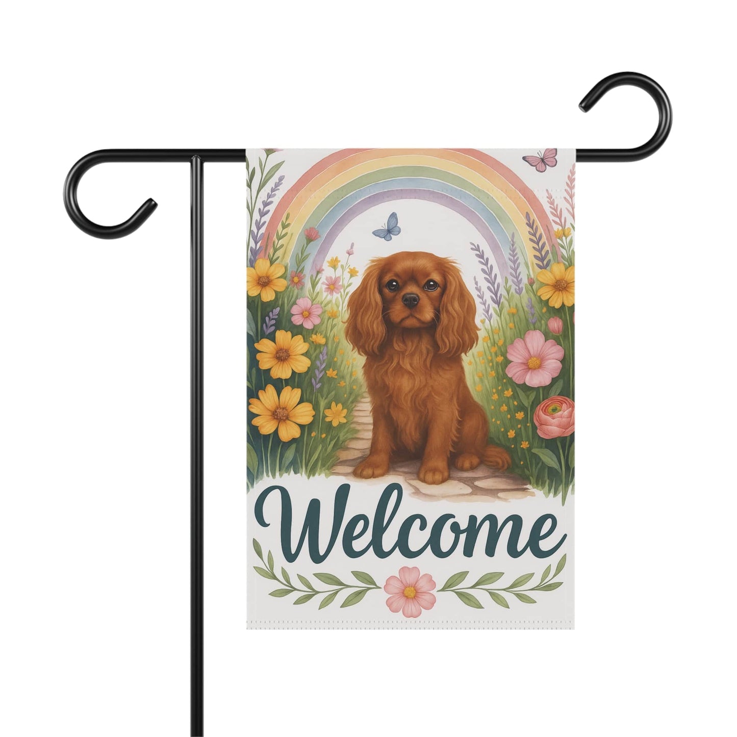 Printify Garden Flag Ruby Cavalier King Charles Welcome Garden Flag
