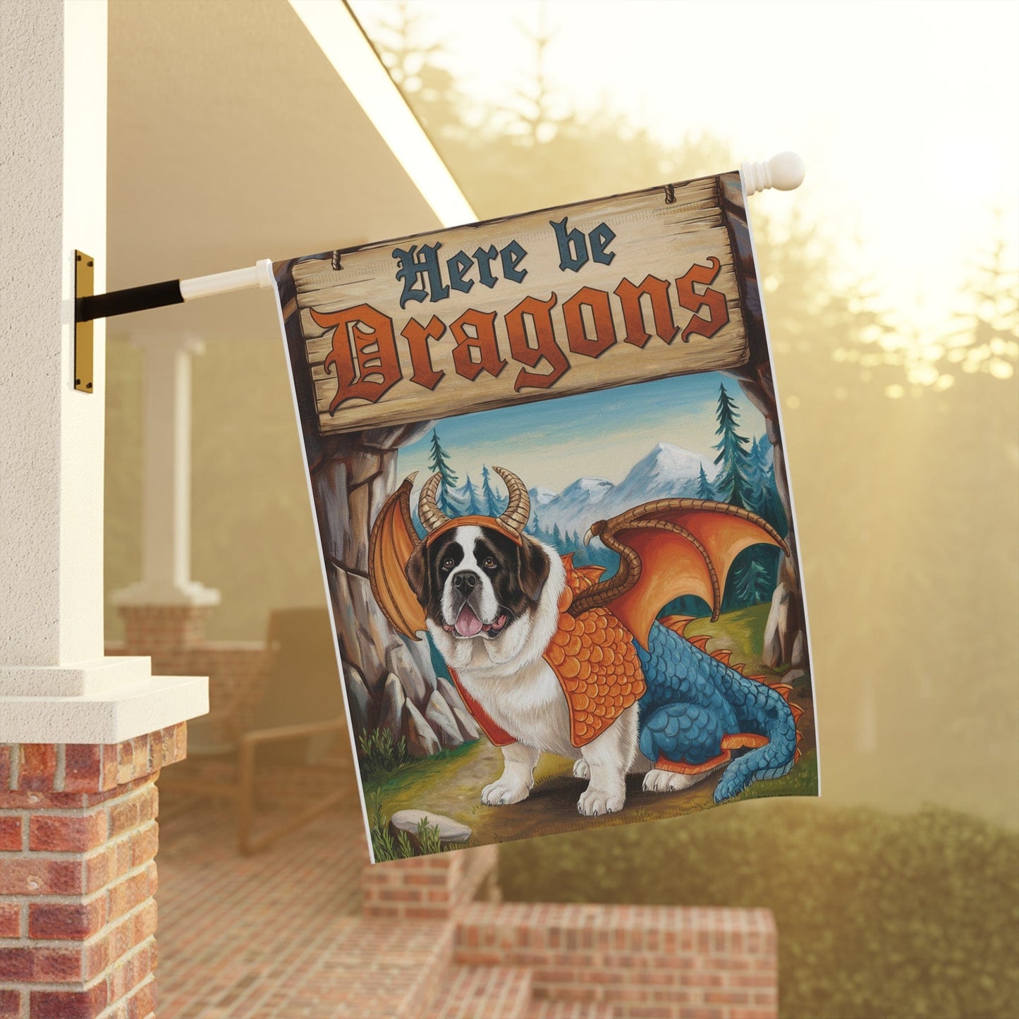 Printify Home Decor Saint Bernard Dog Dragon Garden Flag, Fantasy Pet Yard Spring Decor, Housewarming Halloween