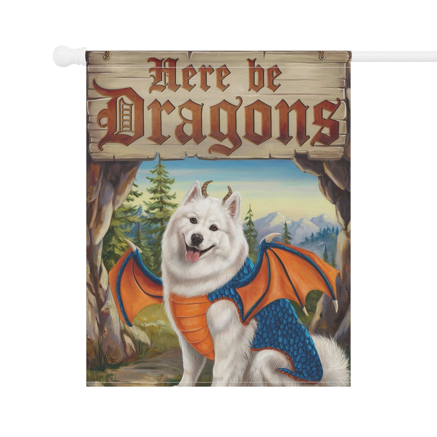 Printify Home Decor Samoyed Dog Dragon, Garden Flag, Fantasy Pet Adventure, Yard Spring Decor, Housewarming Halloween