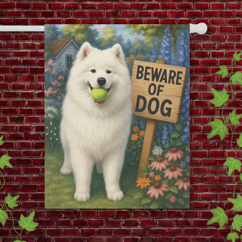 Printify Garden Flag 24.5'' × 32'' Samoyed Funny Beware Garden Flag