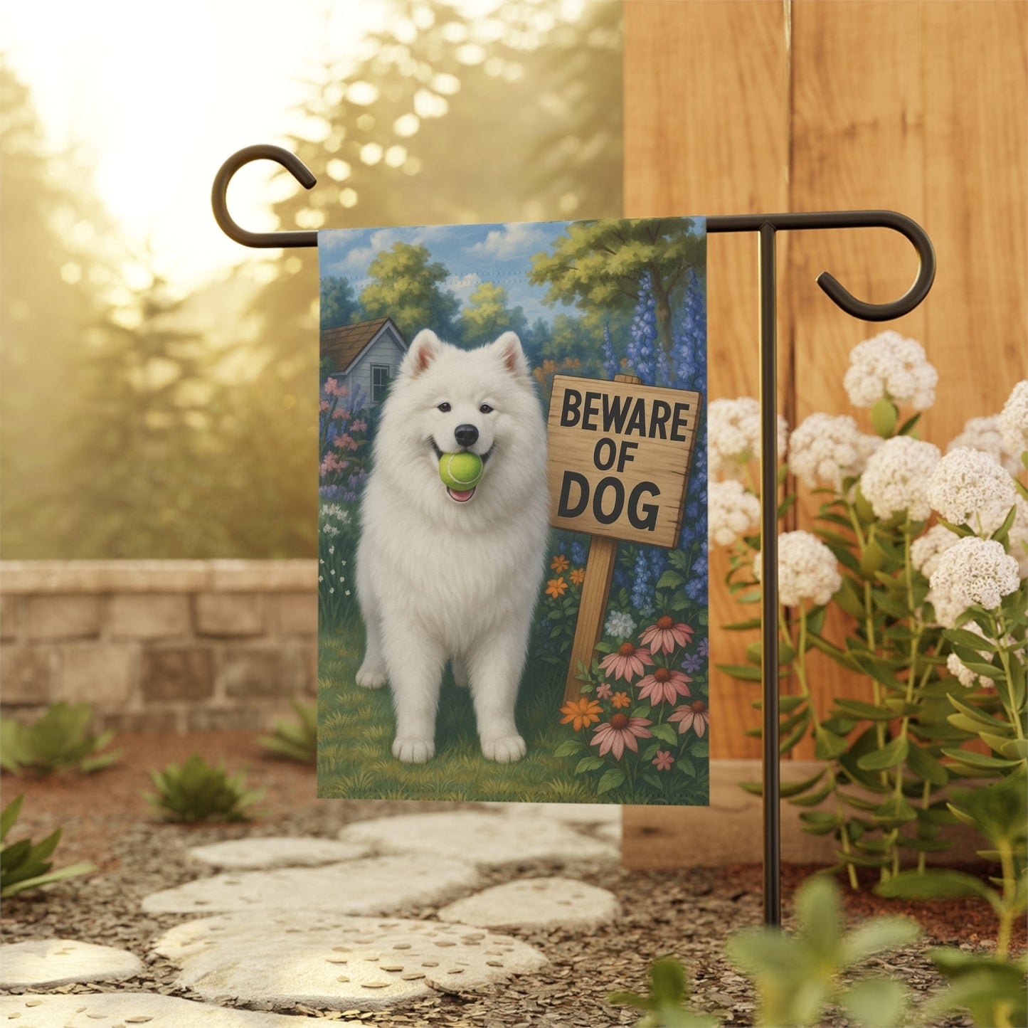 Printify Garden Flag Samoyed Funny Beware Garden Flag
