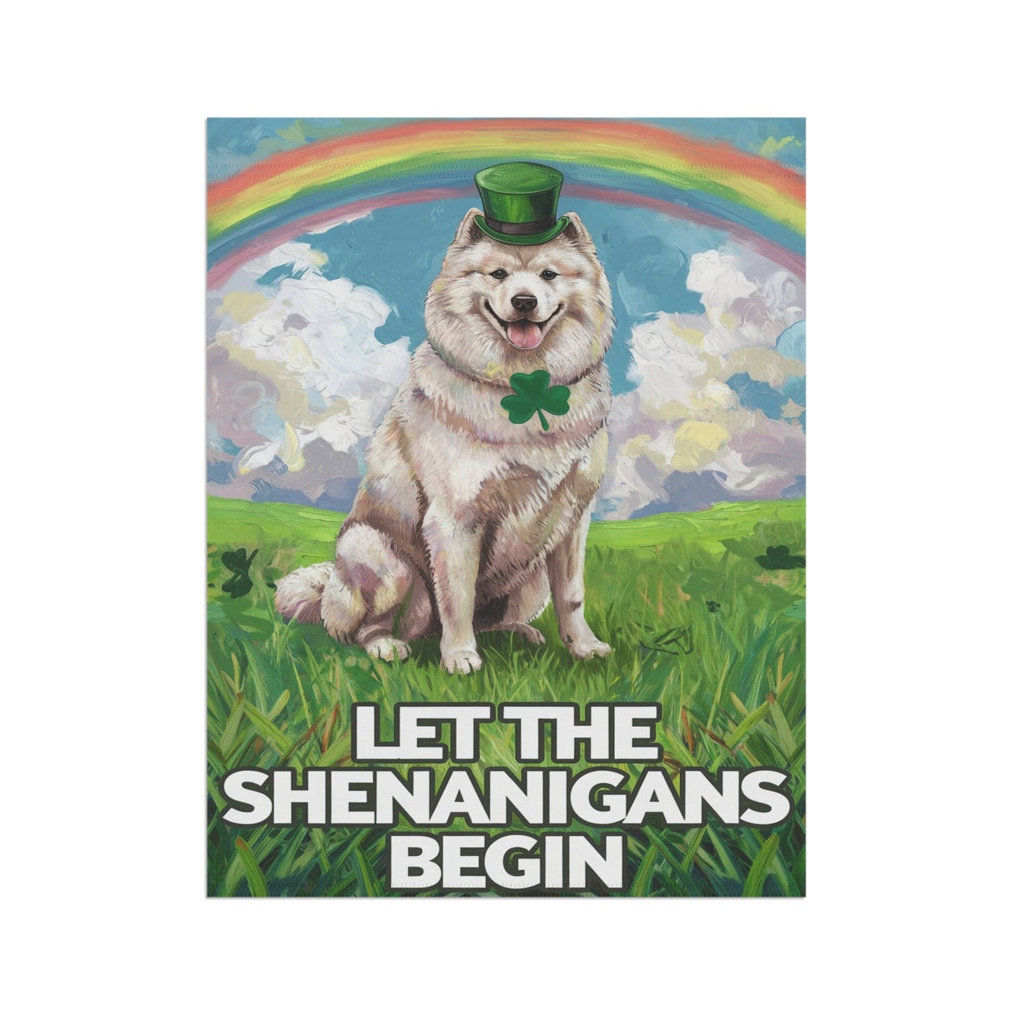 Printify Home Decor Samoyed Saint Patricks Day Lawn Flag, Rainbow and Shamrock Illustration Garden Flag