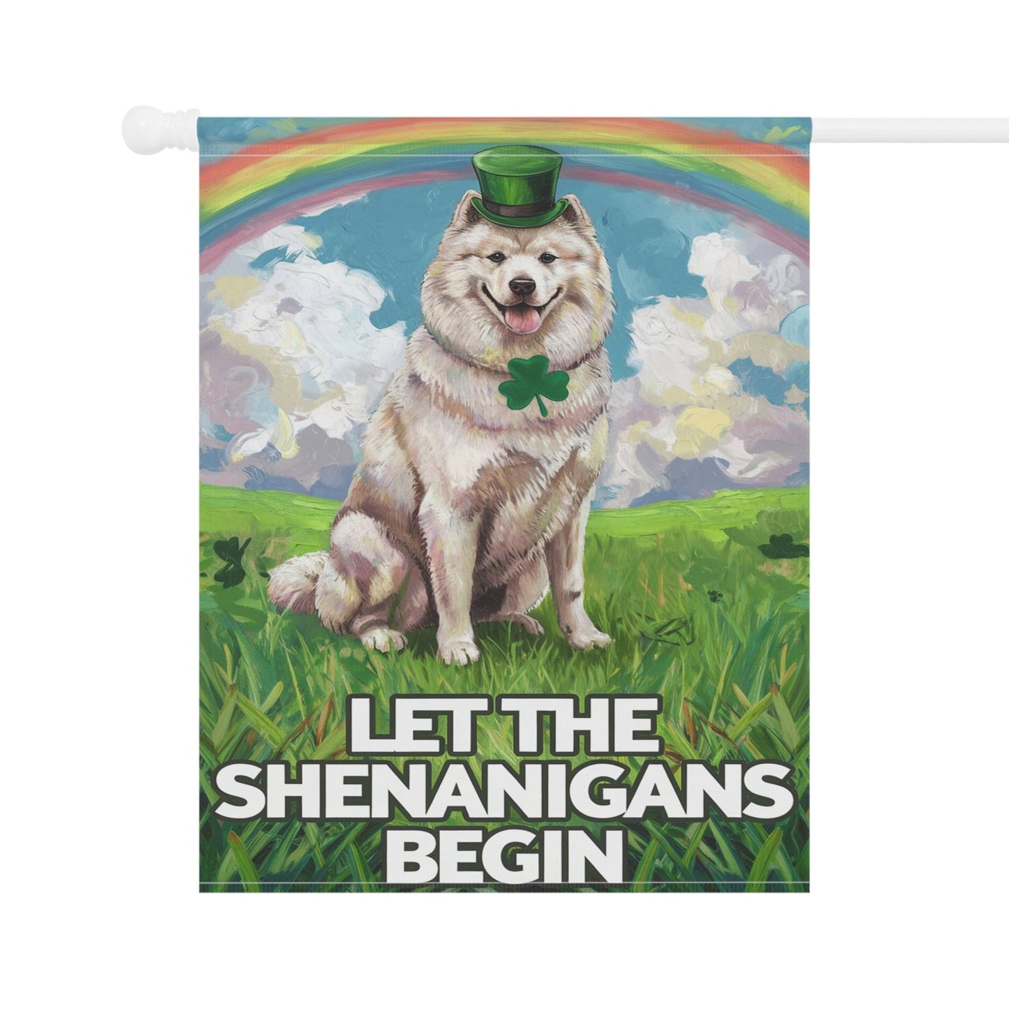 Printify Home Decor Samoyed Saint Patricks Day Lawn Flag, Rainbow and Shamrock Illustration Garden Flag