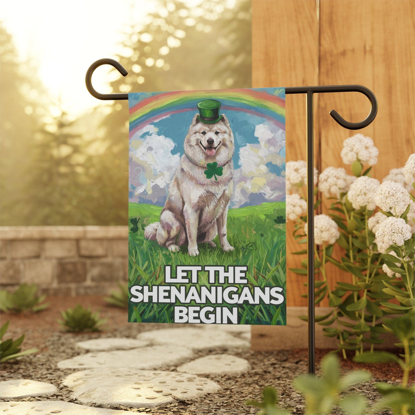 Printify Home Decor Samoyed Saint Patricks Day Lawn Flag, Rainbow and Shamrock Illustration Garden Flag