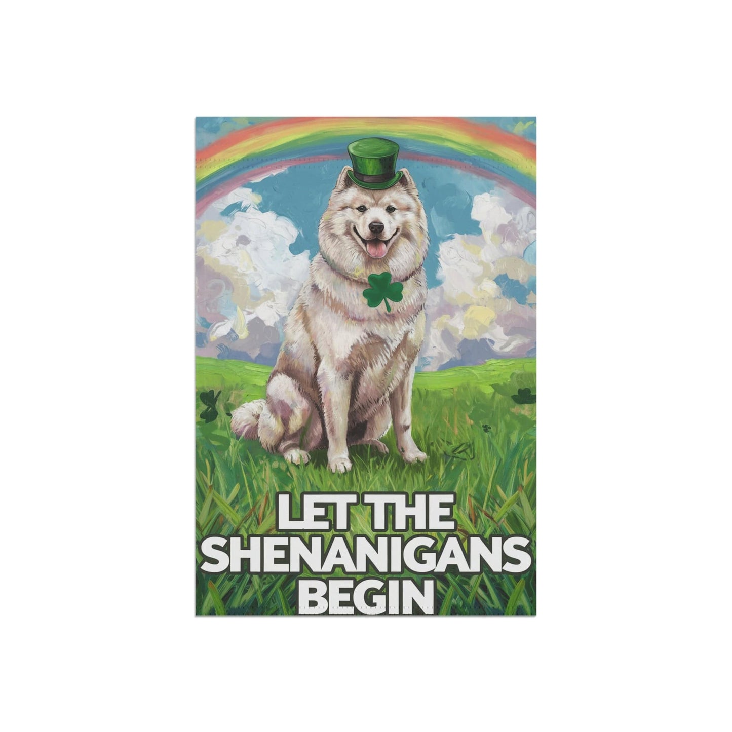Printify Home Decor Samoyed Saint Patricks Day Lawn Flag, Rainbow and Shamrock Illustration Garden Flag